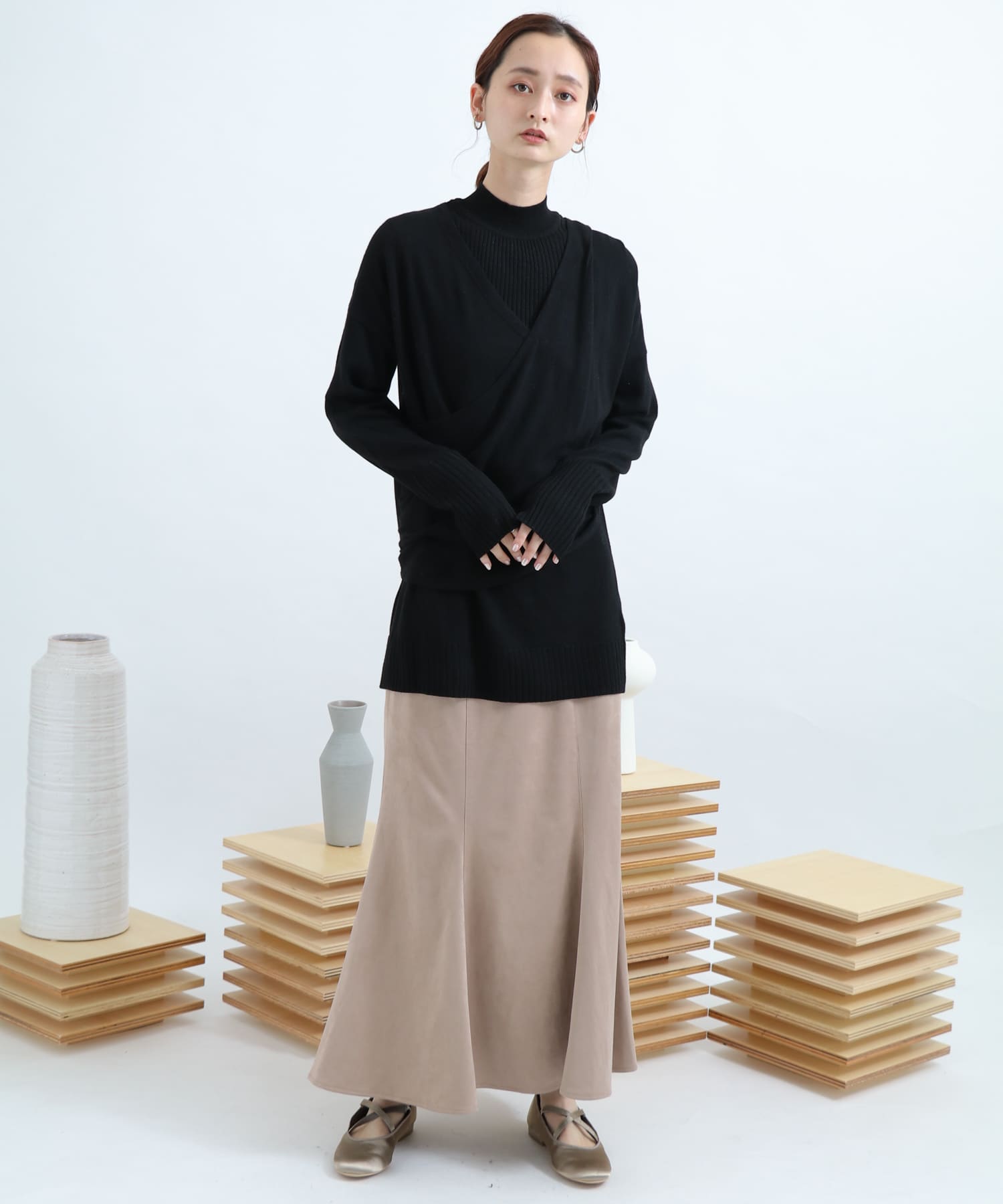 リブハイネックカシュクールトップ BLACK FREE