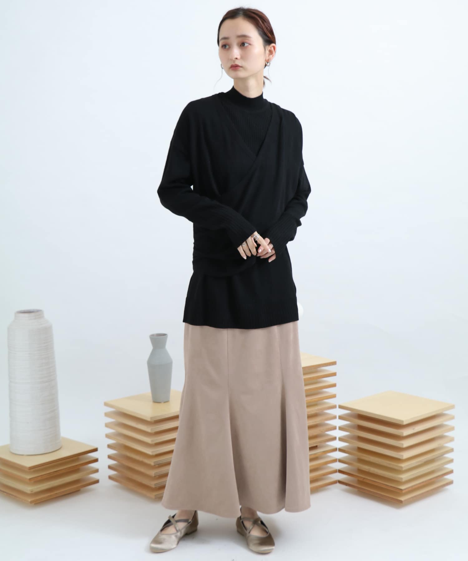 リブハイネックカシュクールトップ BLACK FREE