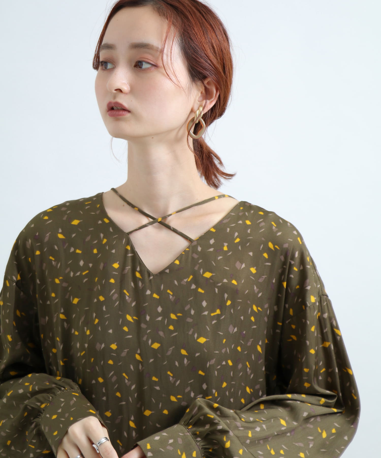 カラーダップルドットプリントシャツ GREEN FREE