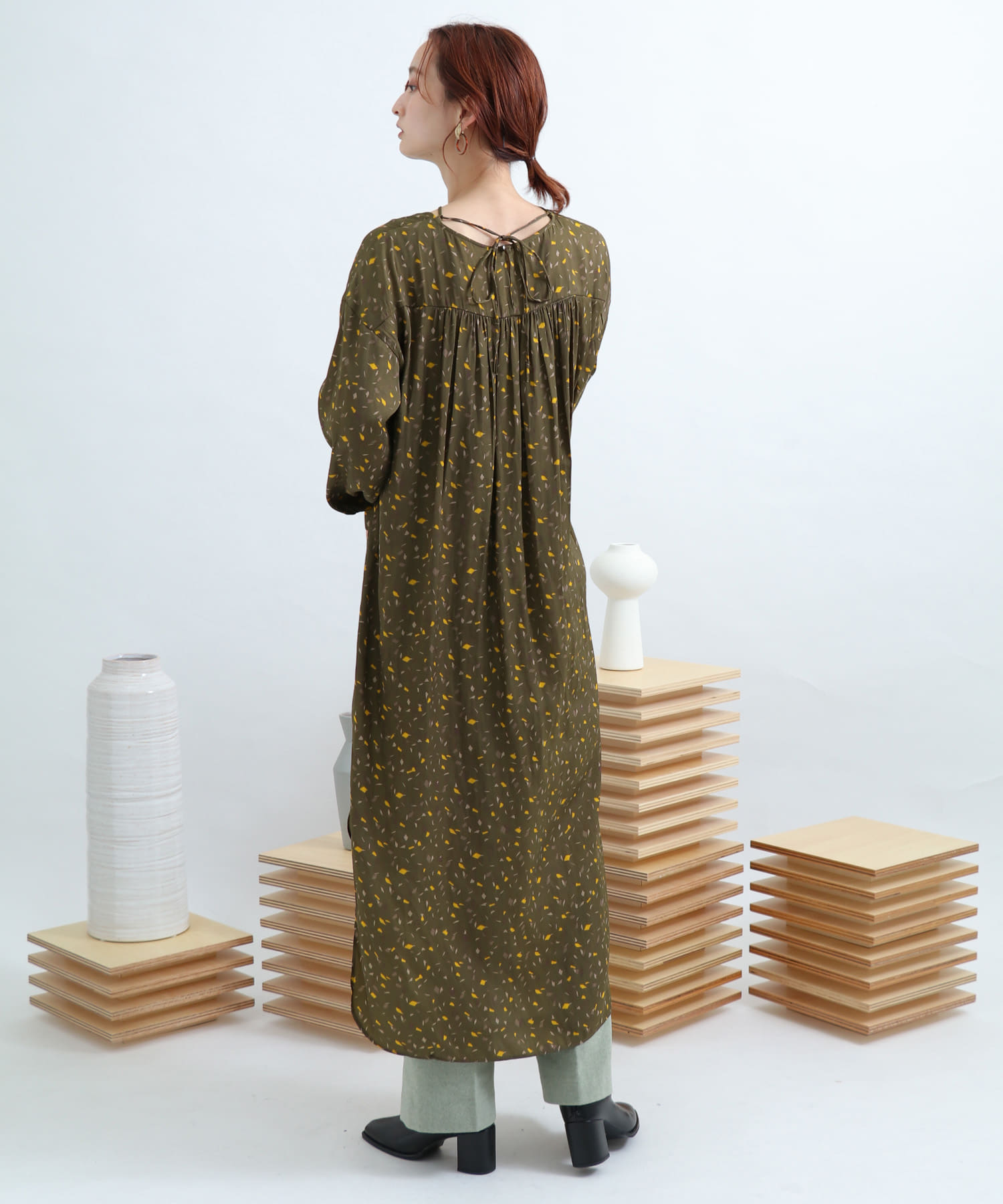 カラーダップルドットプリントシャツ GREEN FREE