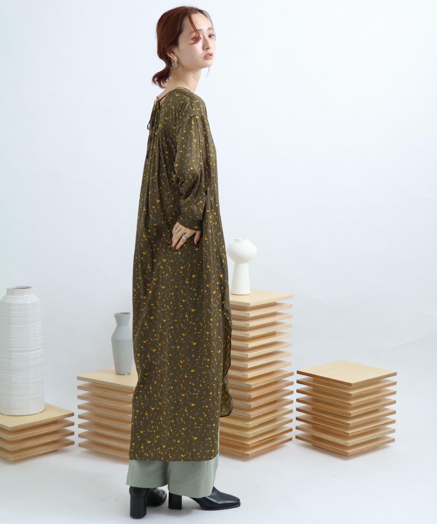 カラーダップルドットプリントシャツ GREEN FREE