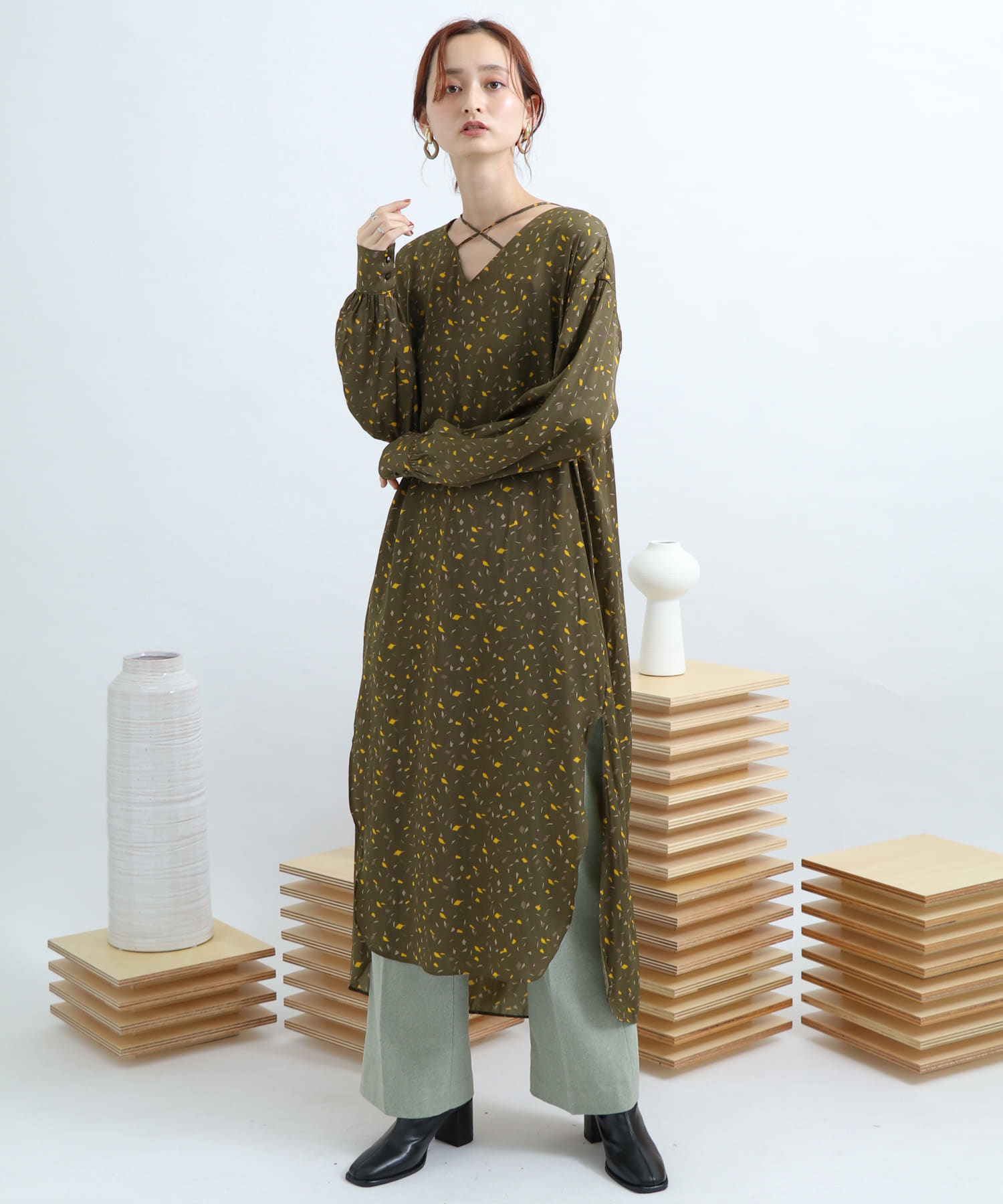カラーダップルドットプリントシャツ GREEN FREE