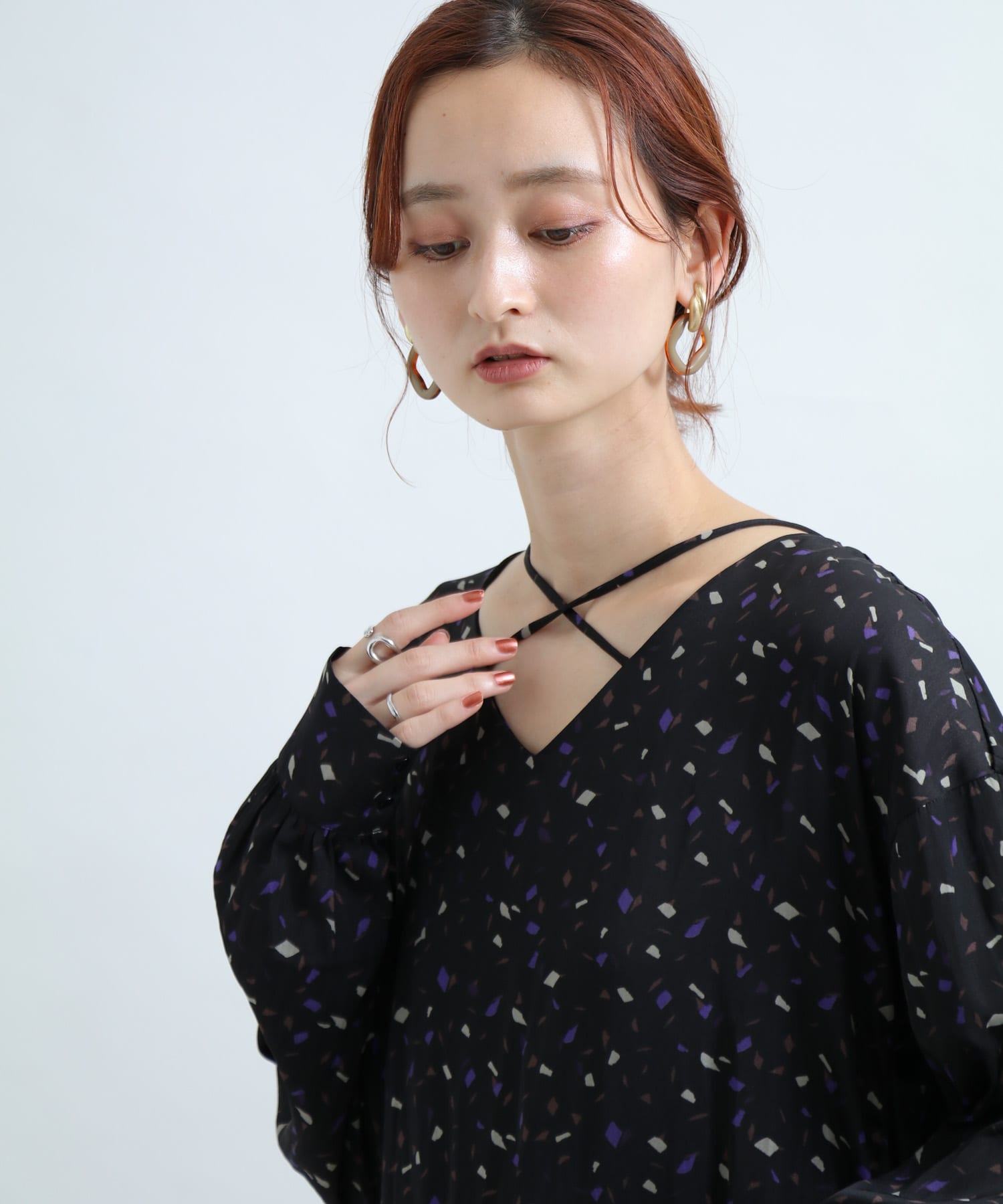 カラーダップルドットプリントシャツ BLACK FREE