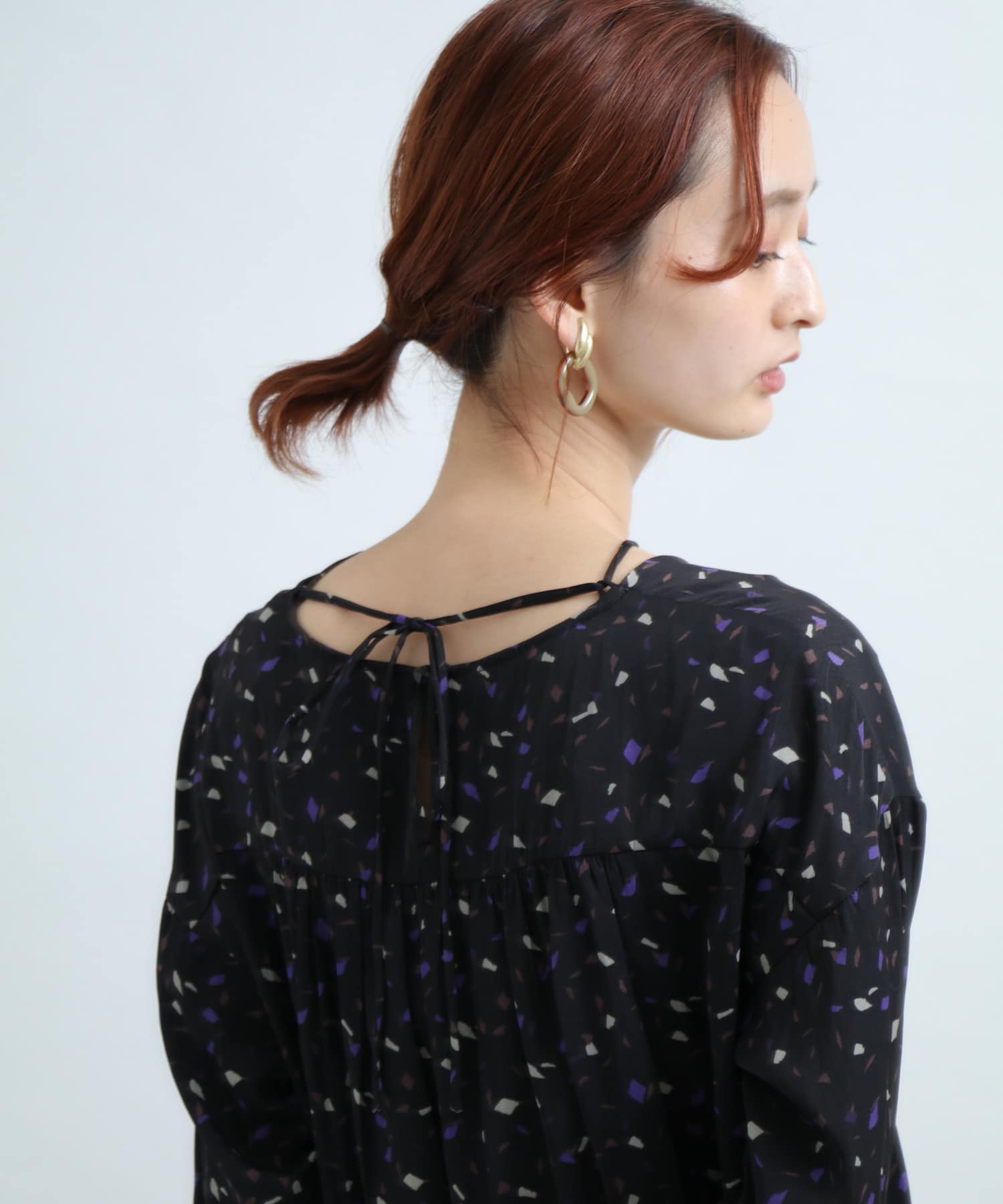 カラーダップルドットプリントシャツ BLACK FREE