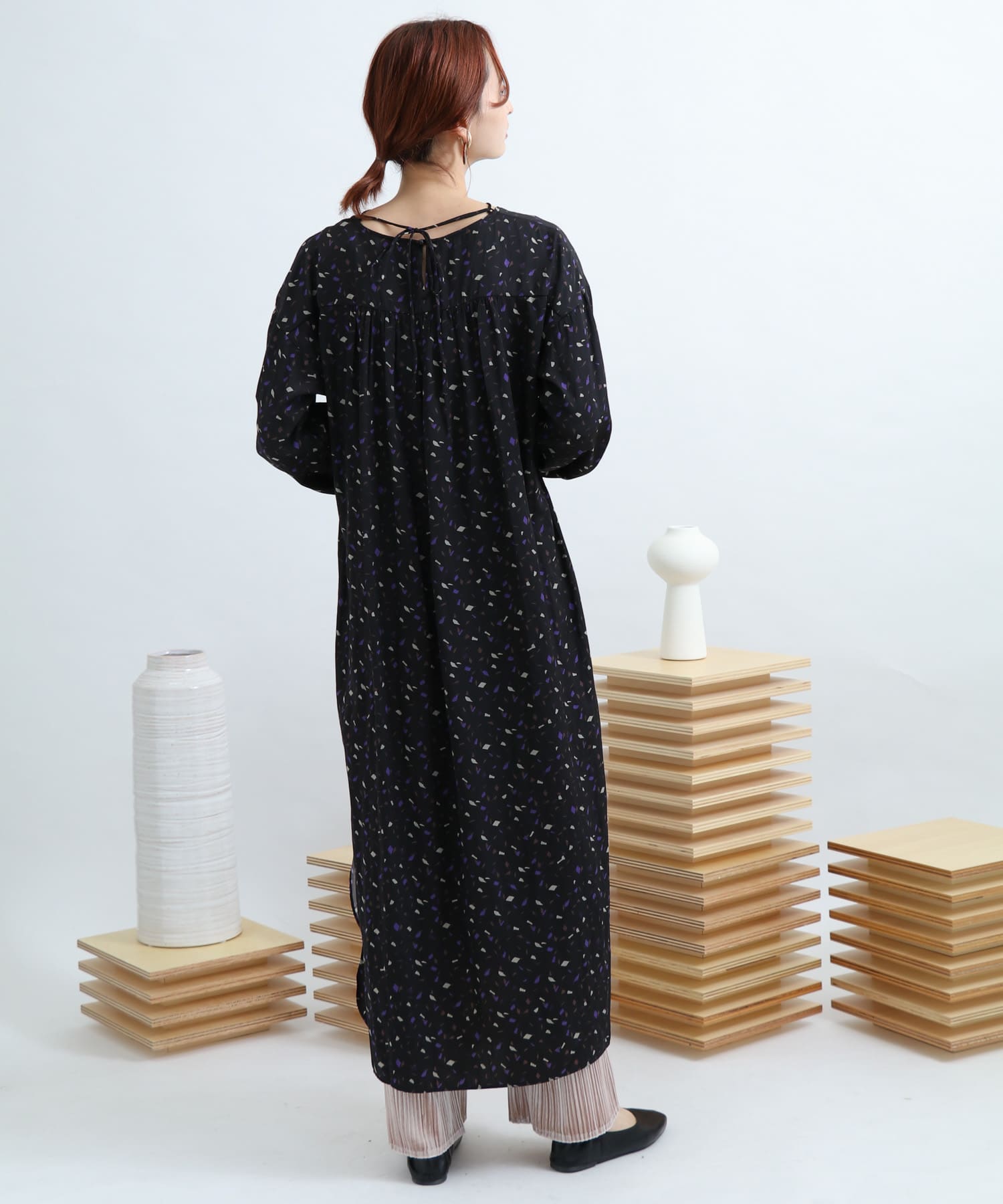カラーダップルドットプリントシャツ BLACK FREE