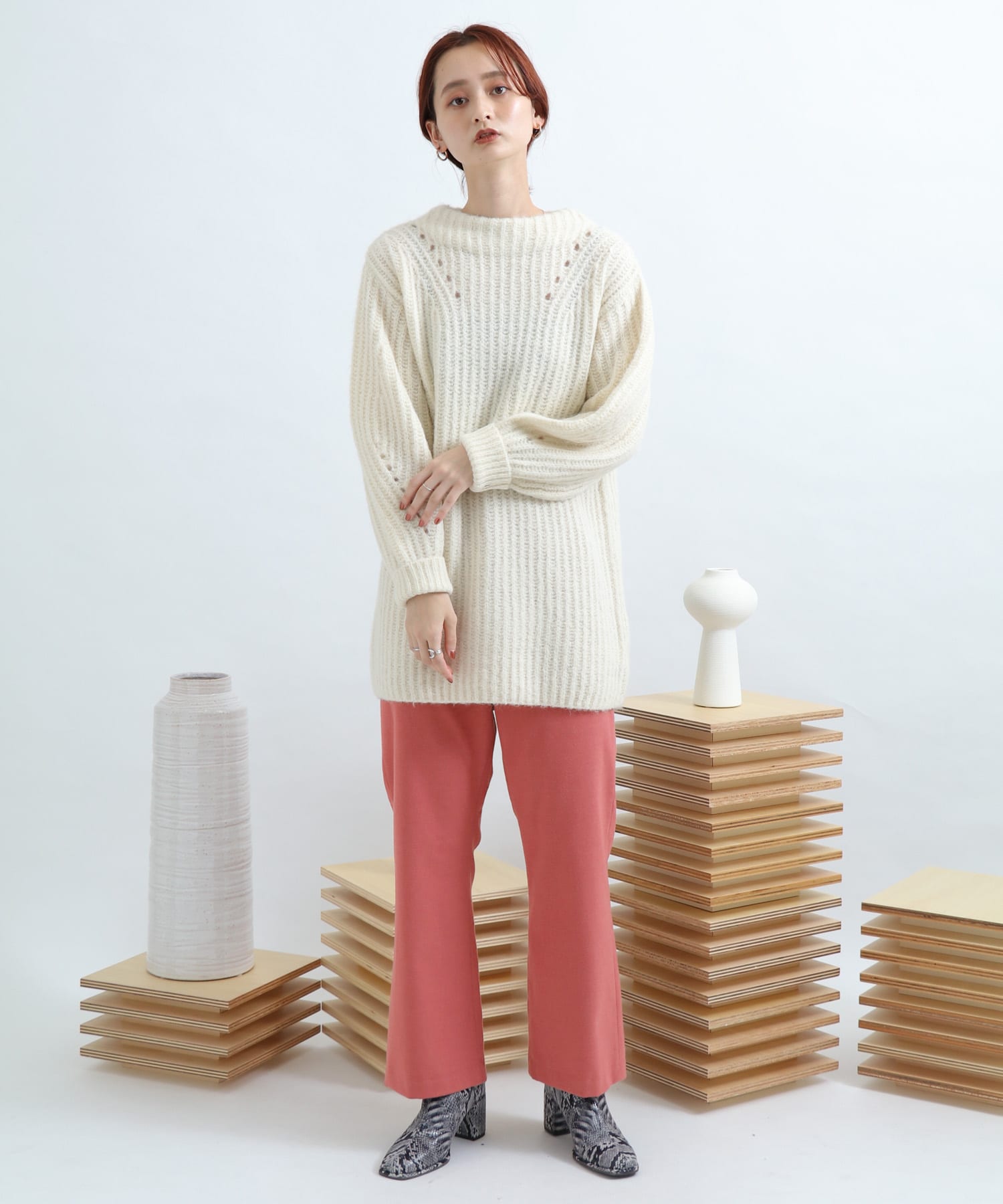 ウールセミフレアクロップドパンツ PINK S