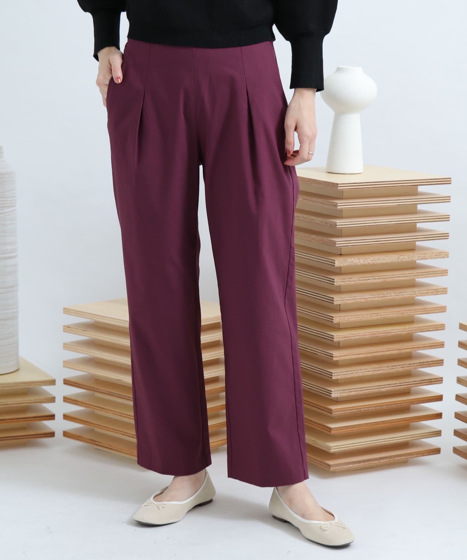 ストレッチワイドクロップドパンツ BURGUNDY XS