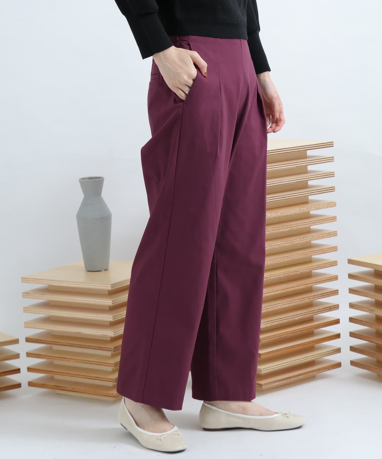 ストレッチワイドクロップドパンツ BURGUNDY XS