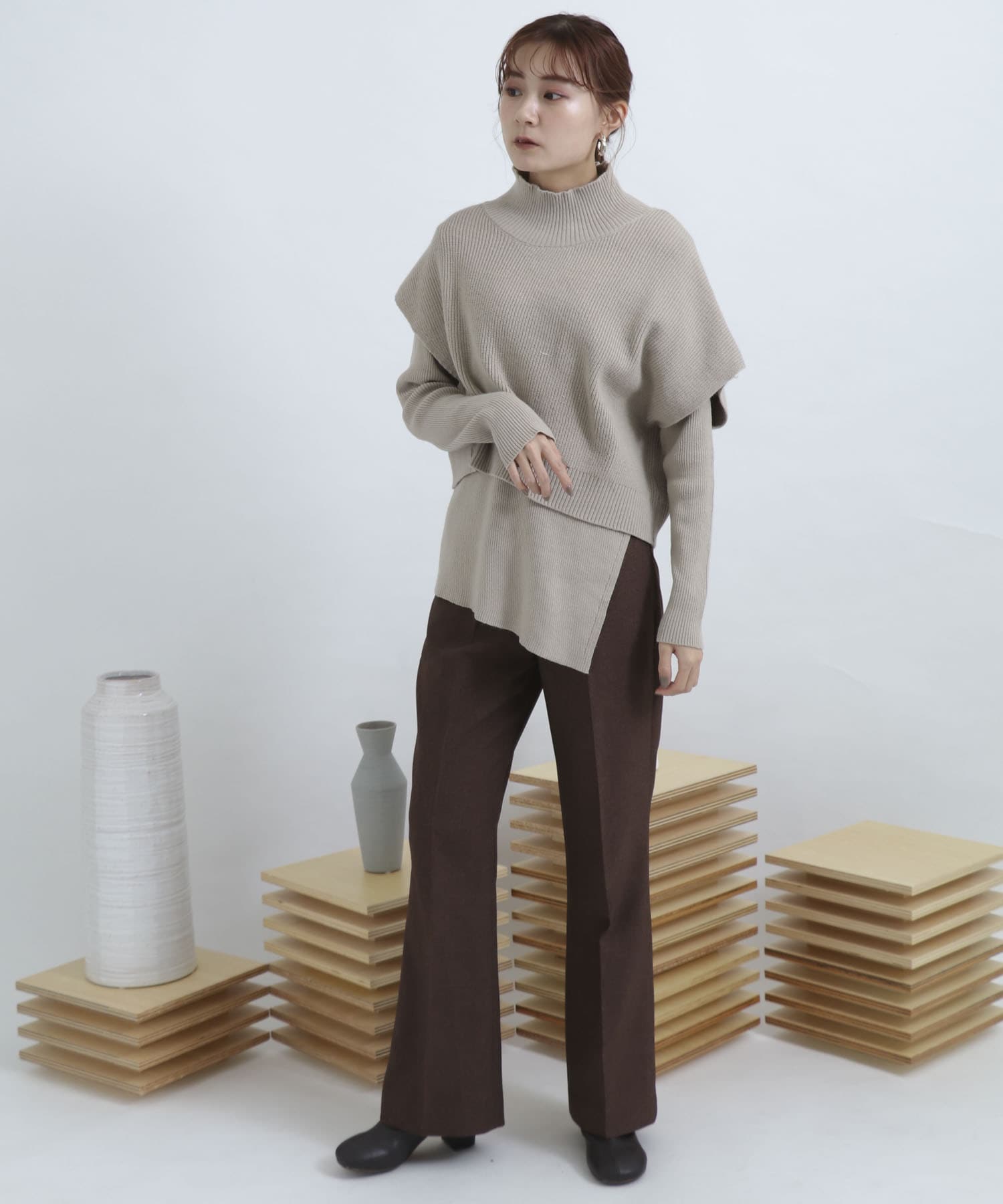 ウールライクキックフレアパンツ BROWN M