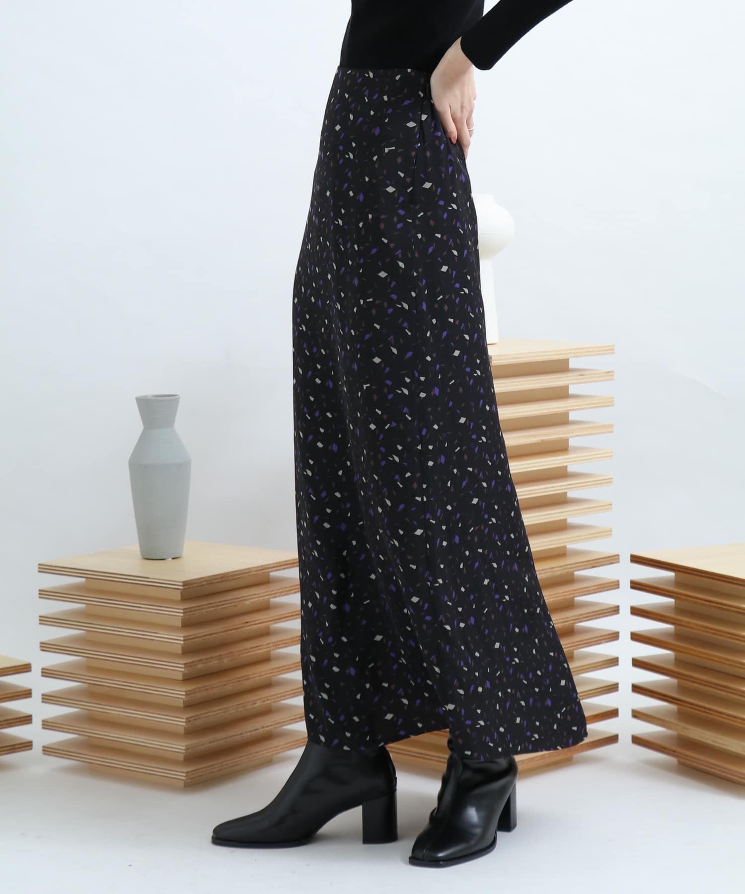 カラーダップルドットプリントスカート BLACK FREE