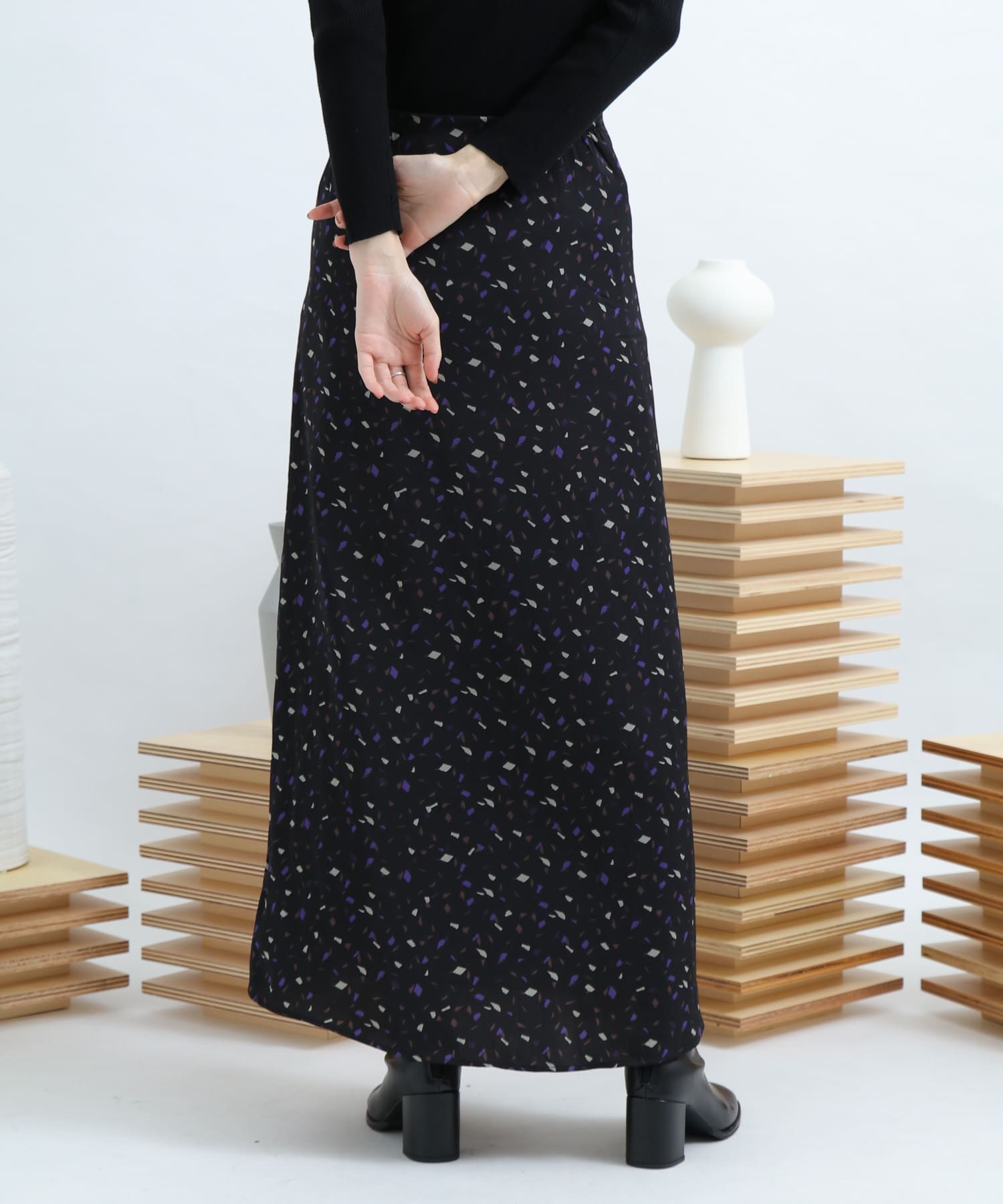 カラーダップルドットプリントスカート BLACK FREE