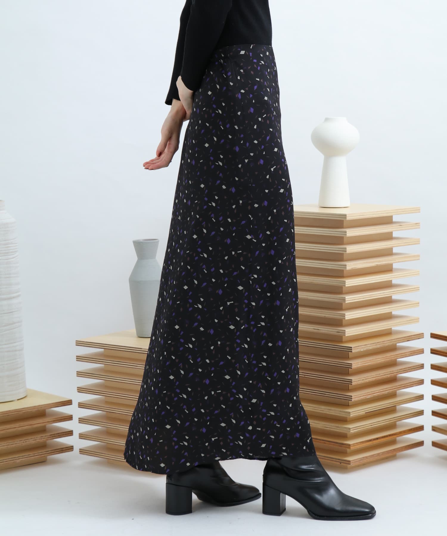 カラーダップルドットプリントスカート BLACK FREE