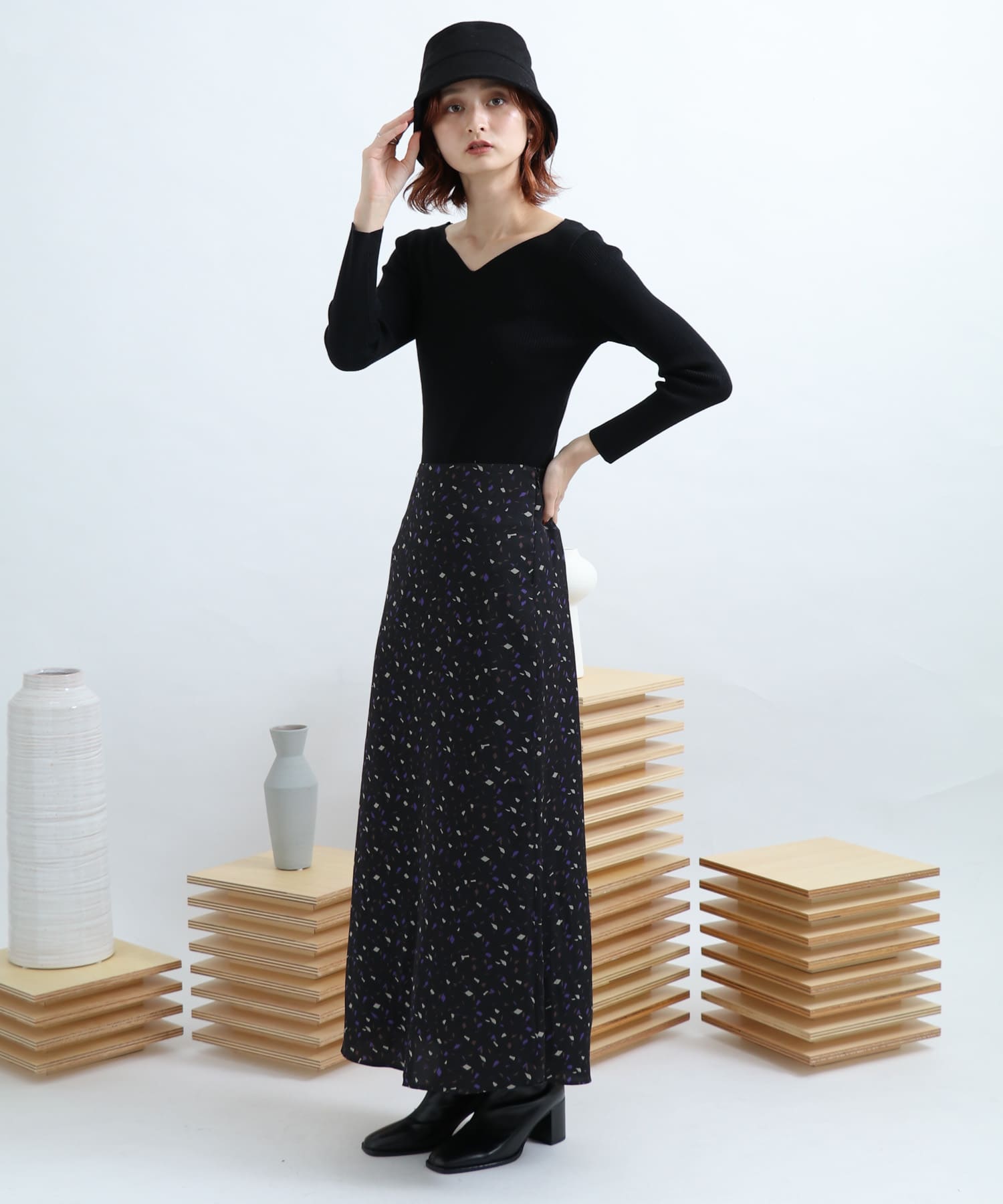 カラーダップルドットプリントスカート BLACK FREE