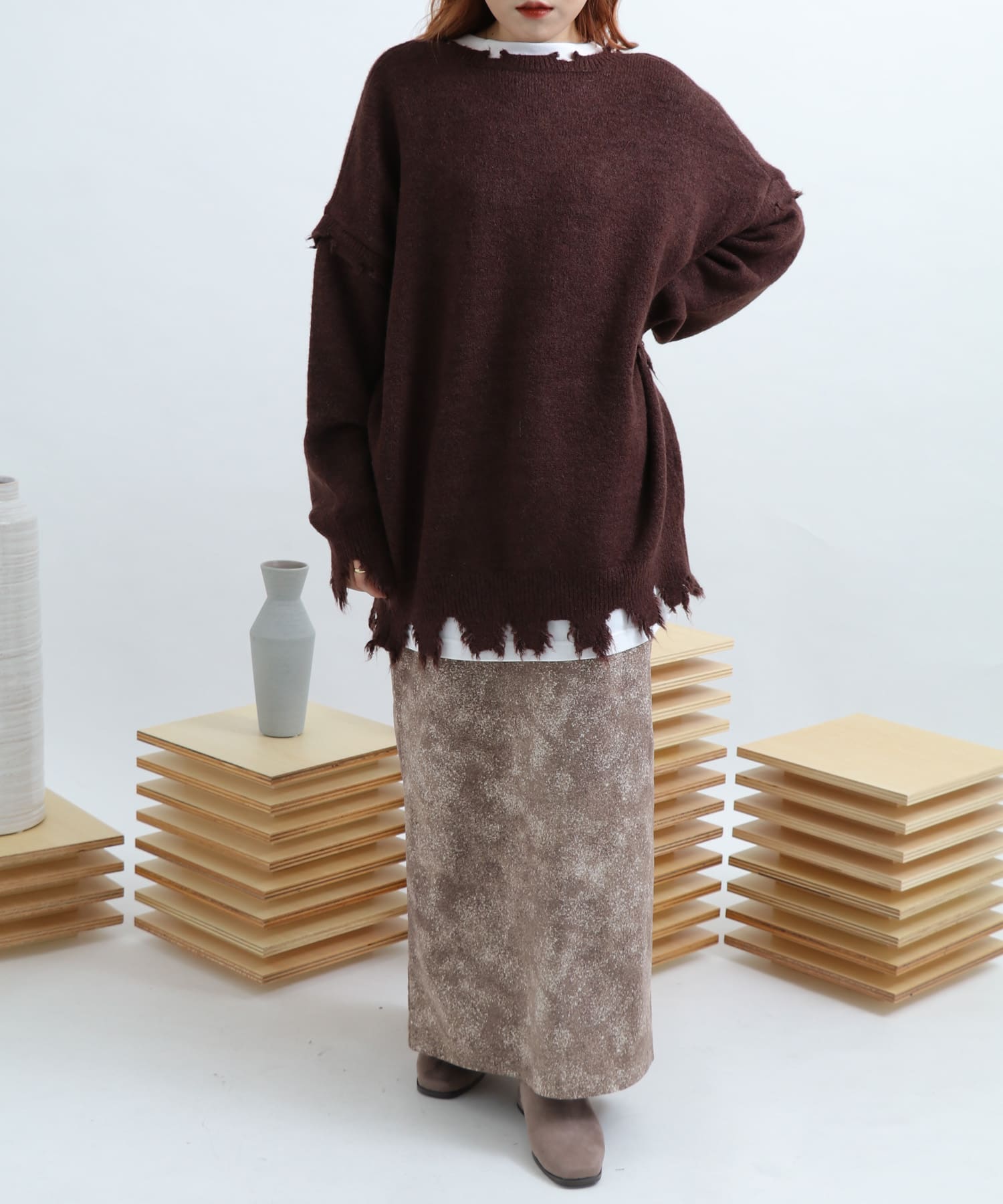 ストーンプリントスカート BROWN FREE