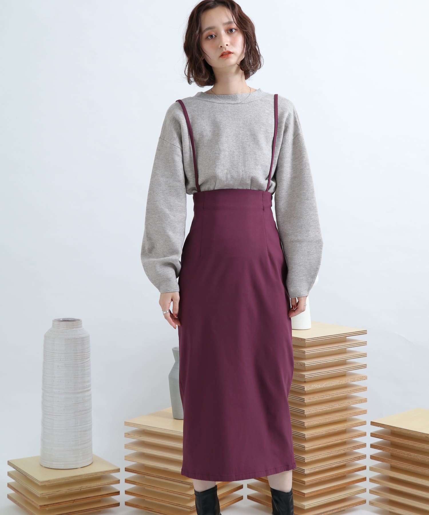 ストレッチサスツキハイウエストスカート BURGUNDY XS