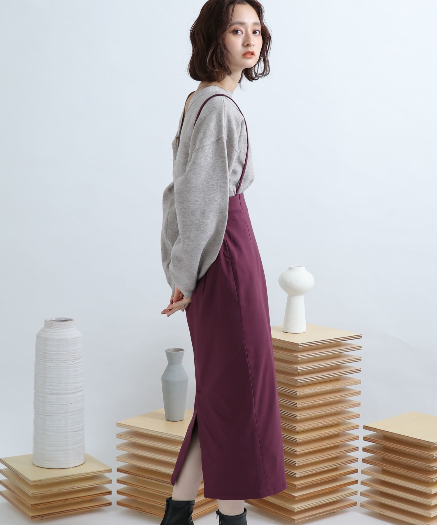 ストレッチサスツキハイウエストスカート BURGUNDY XS