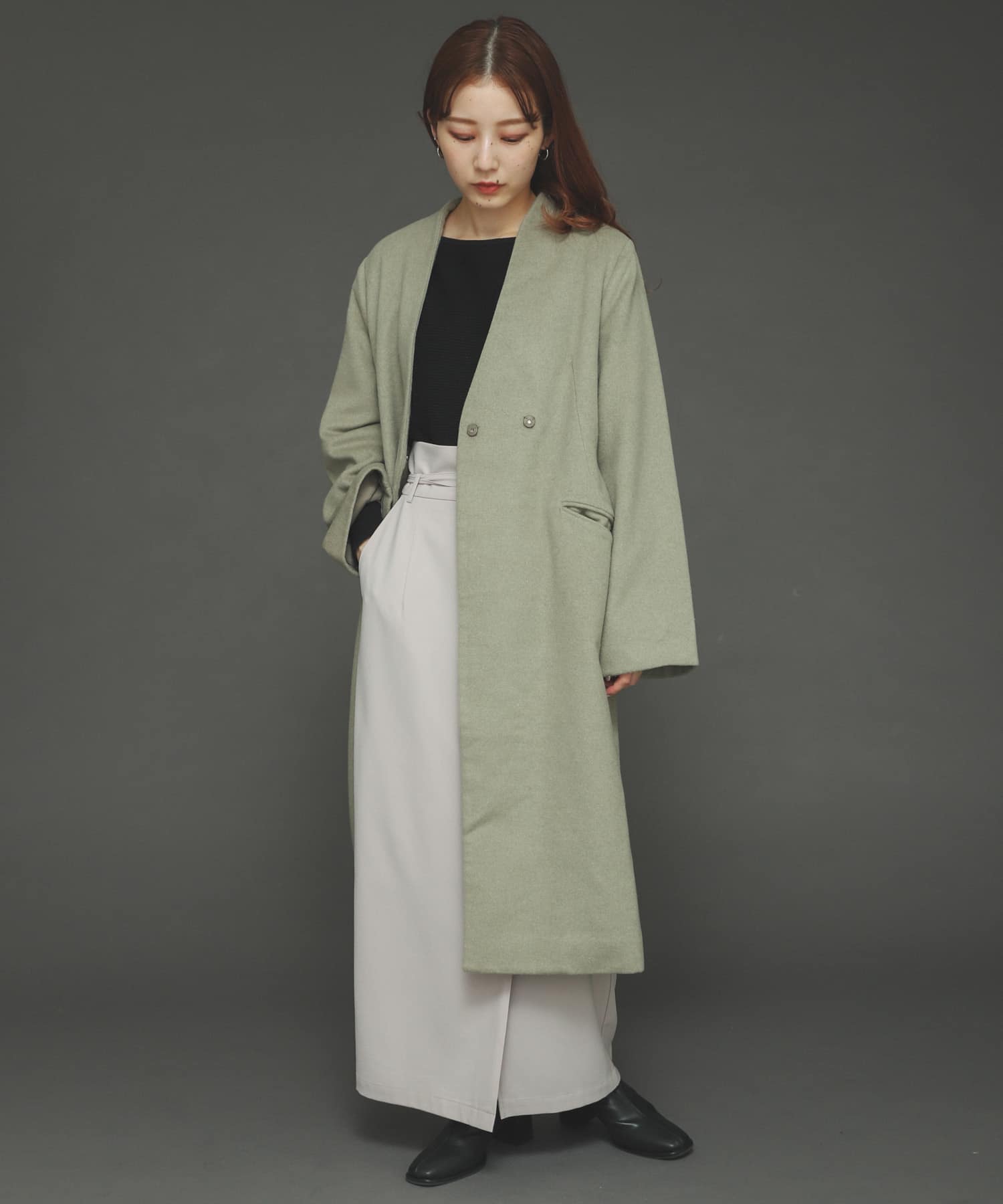 ウールビーバーノーカラーコート L.KHAKI FREE