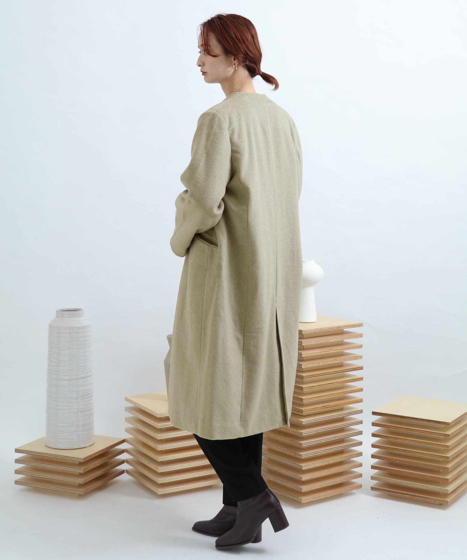 ウールビーバーノーカラーコート L.KHAKI FREE