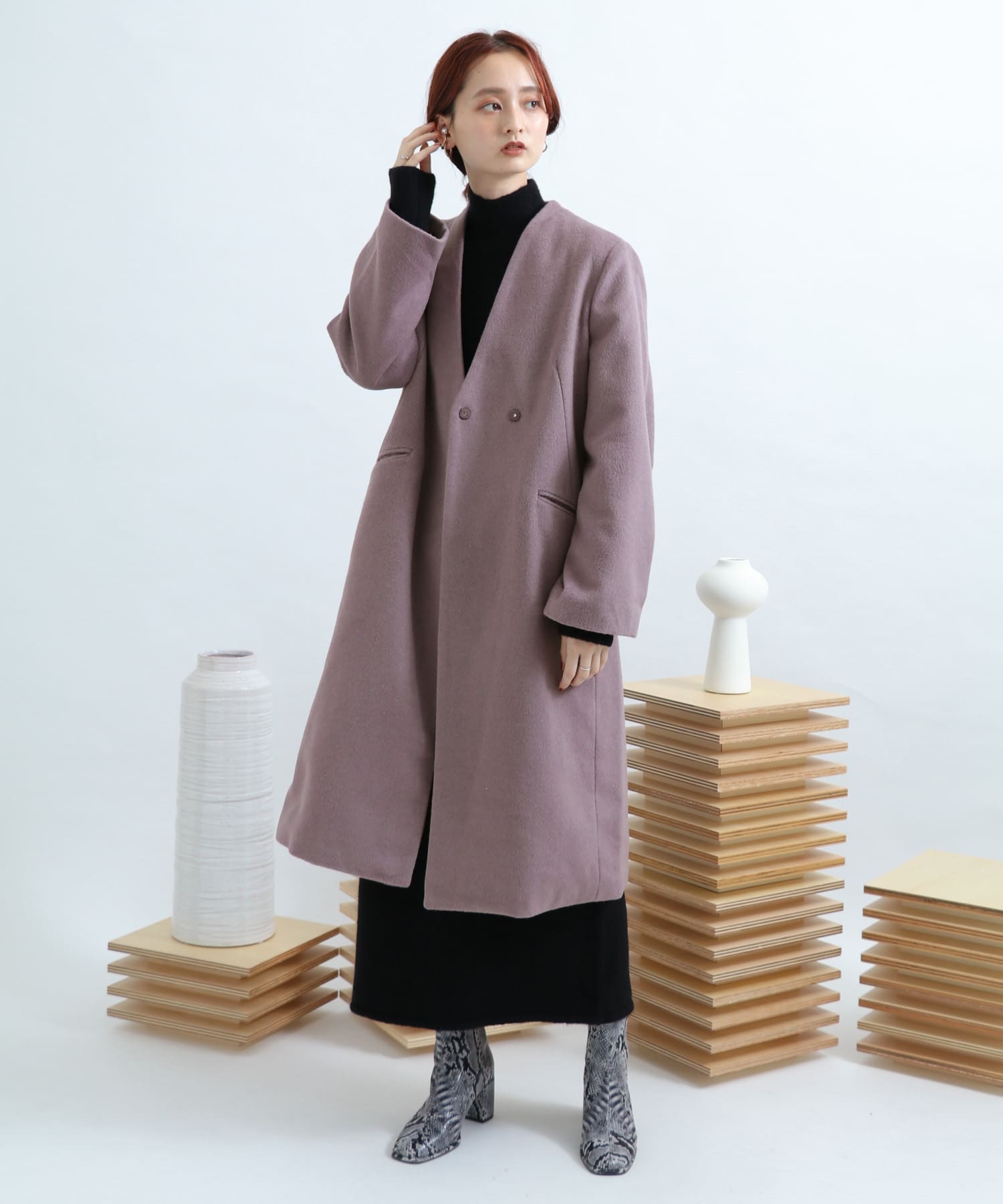 ウールビーバーノーカラーコート PURPLE FREE