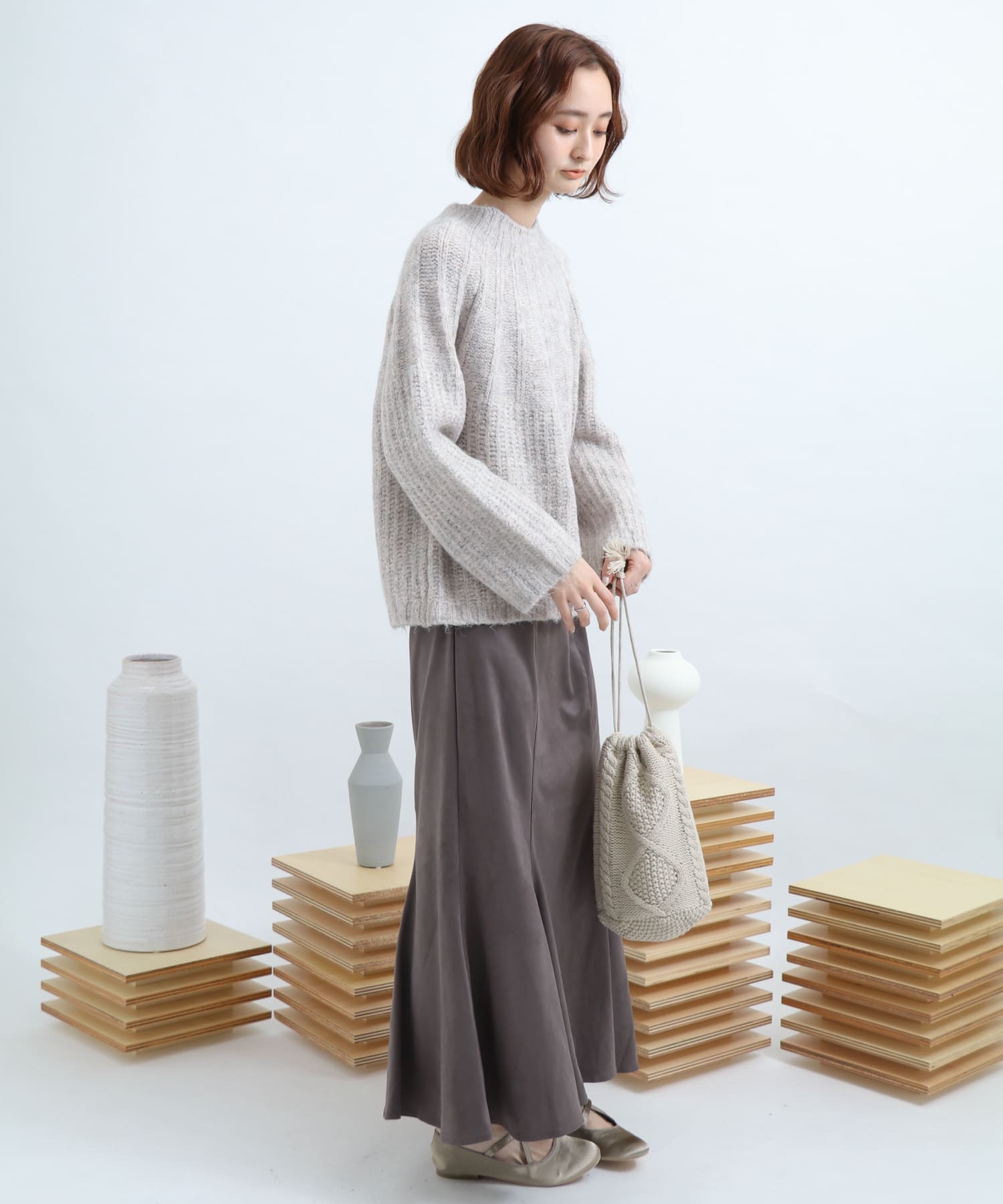 2WAYニット巾着バッグ IVORY FREE