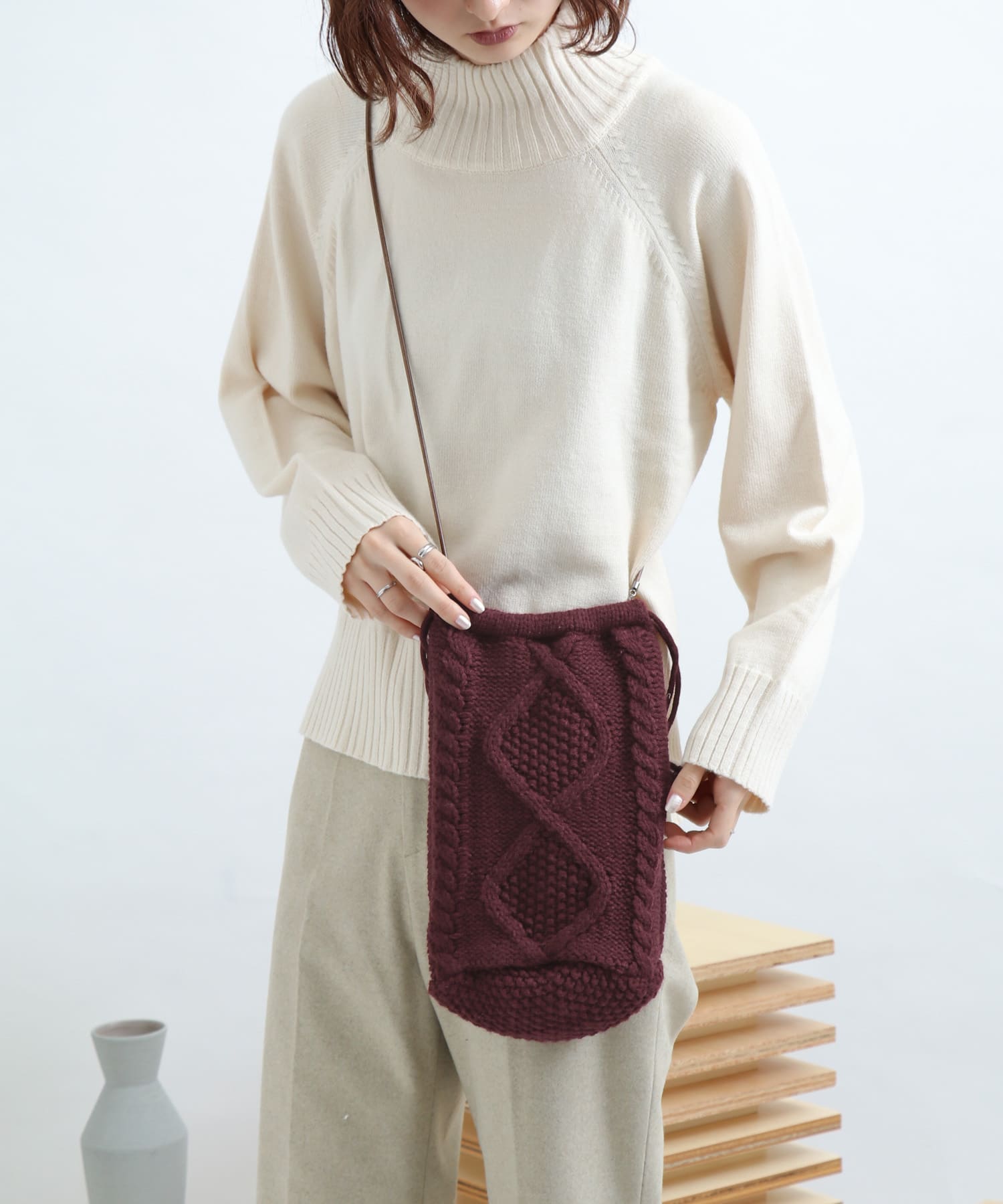 2WAYニット巾着バッグ BURGUNDY FREE
