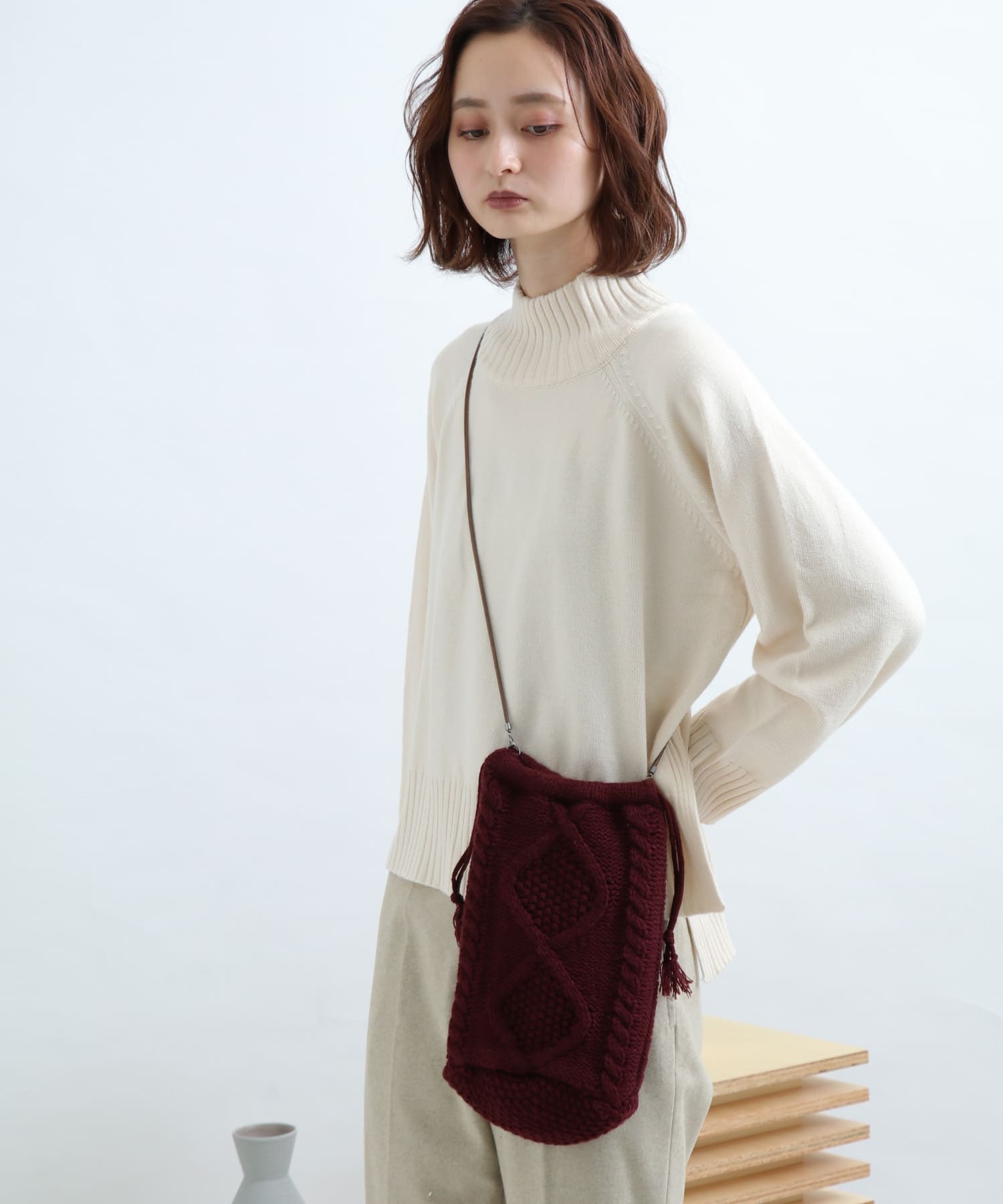 2WAYニット巾着バッグ BURGUNDY FREE