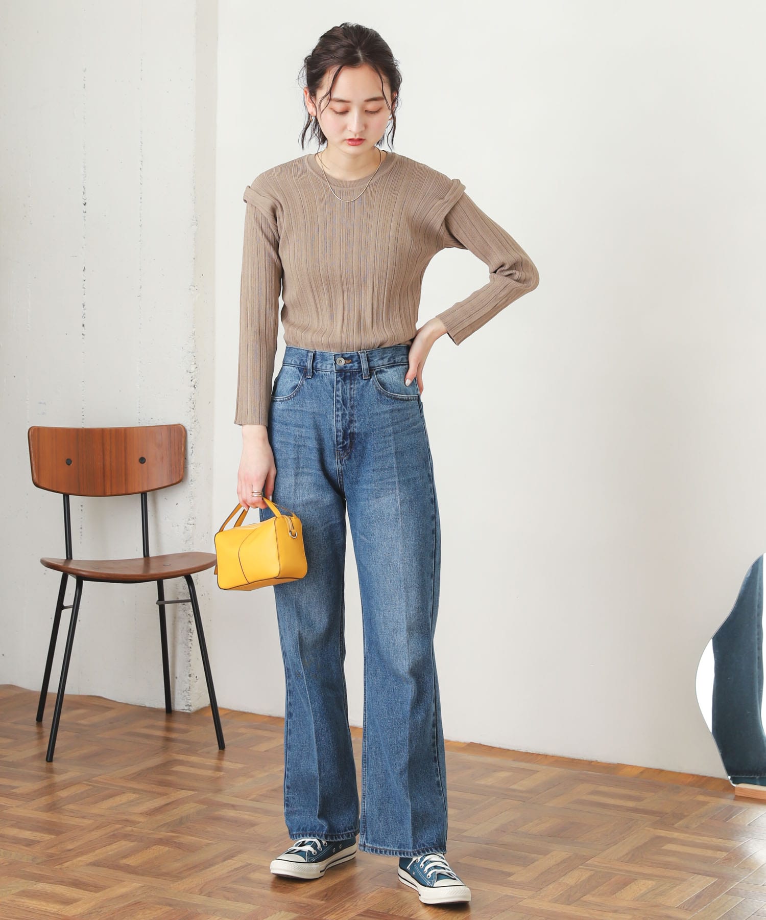 パワーショルダーリブセーター BEIGE one