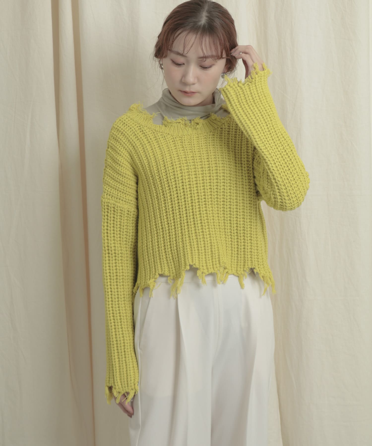 2WAYダメージショートセーター LIME one