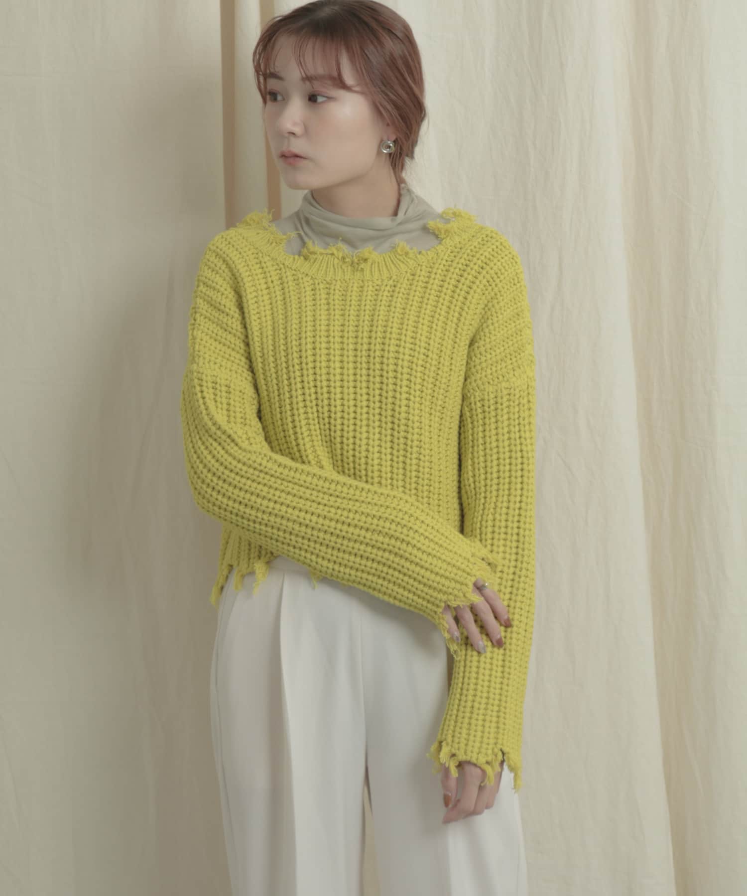 2WAYダメージショートセーター LIME one