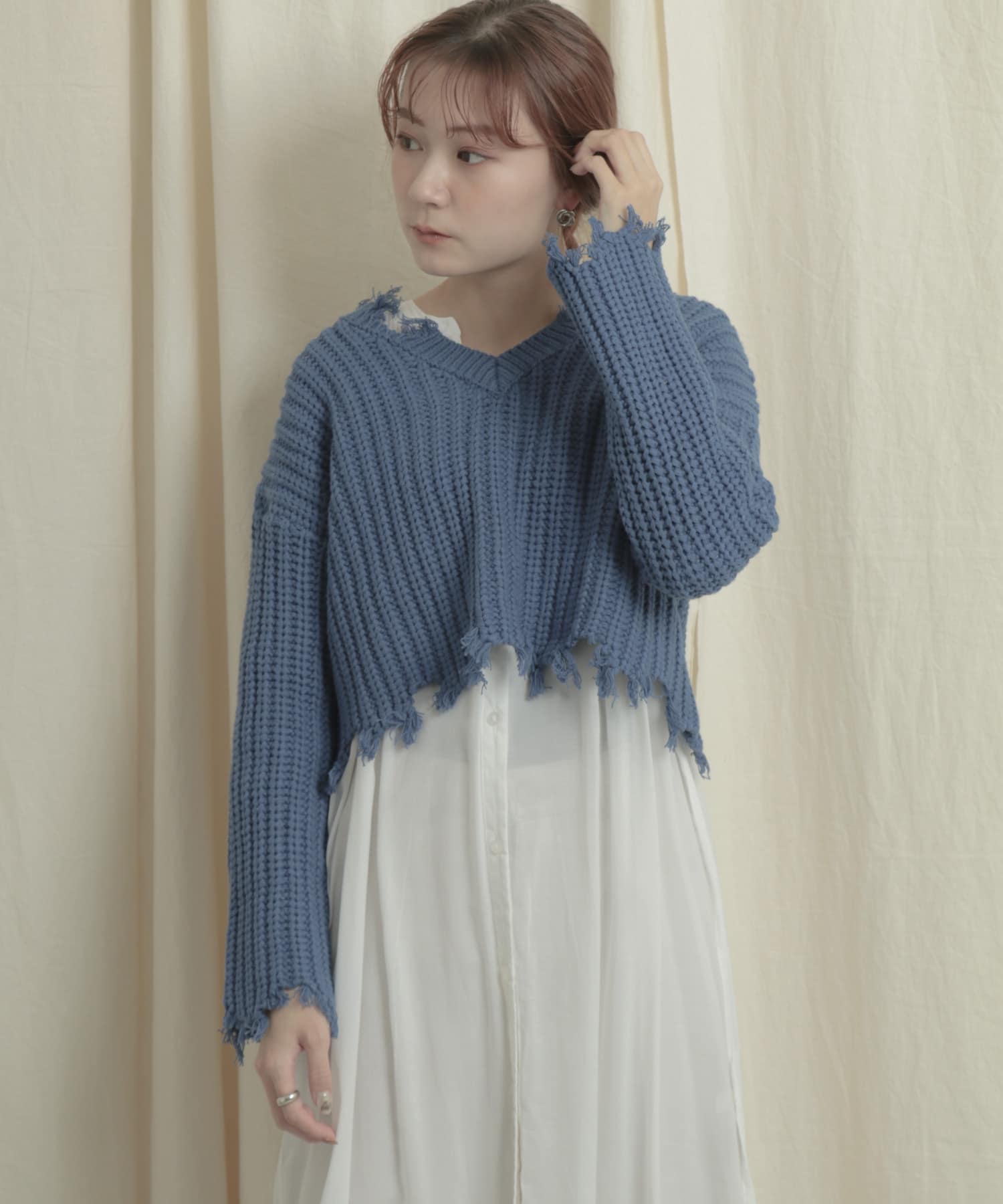 2WAYダメージショートセーター BLUE one