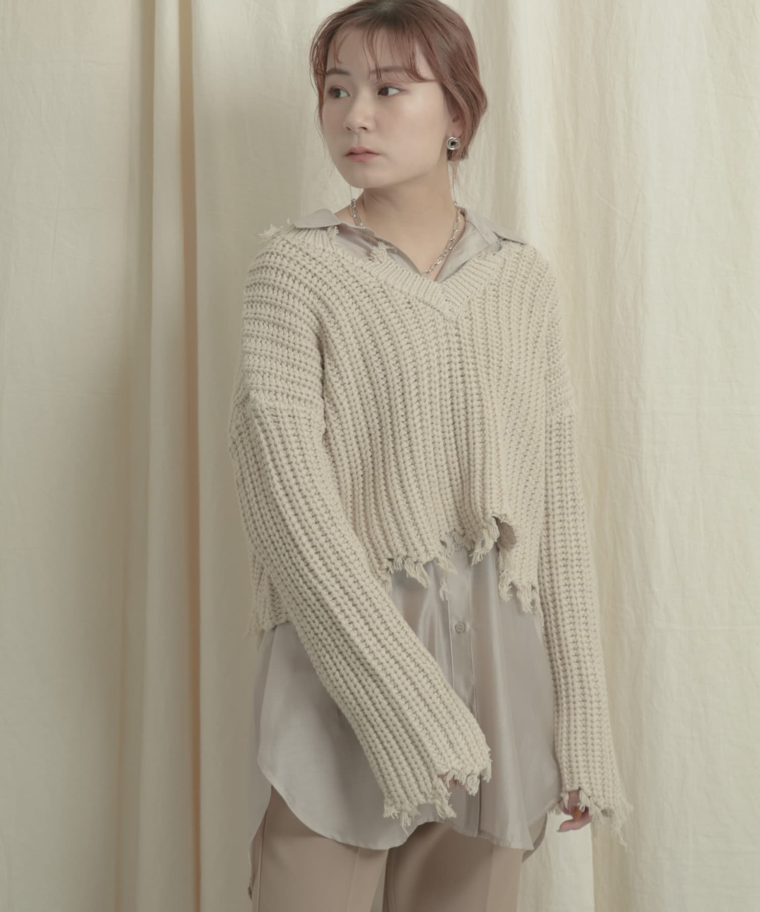 2WAYダメージショートセーター IVORY one