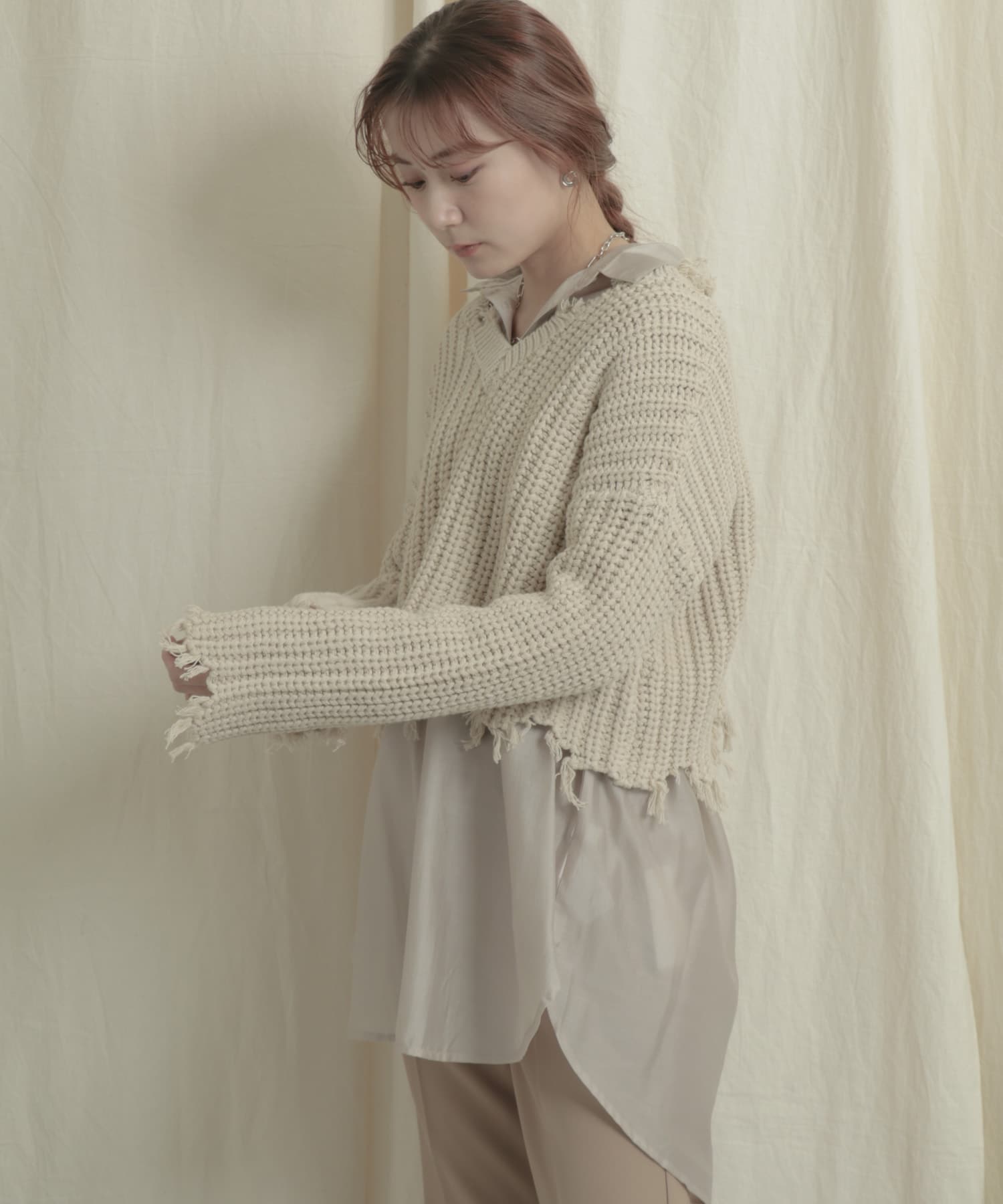 2WAYダメージショートセーター IVORY one