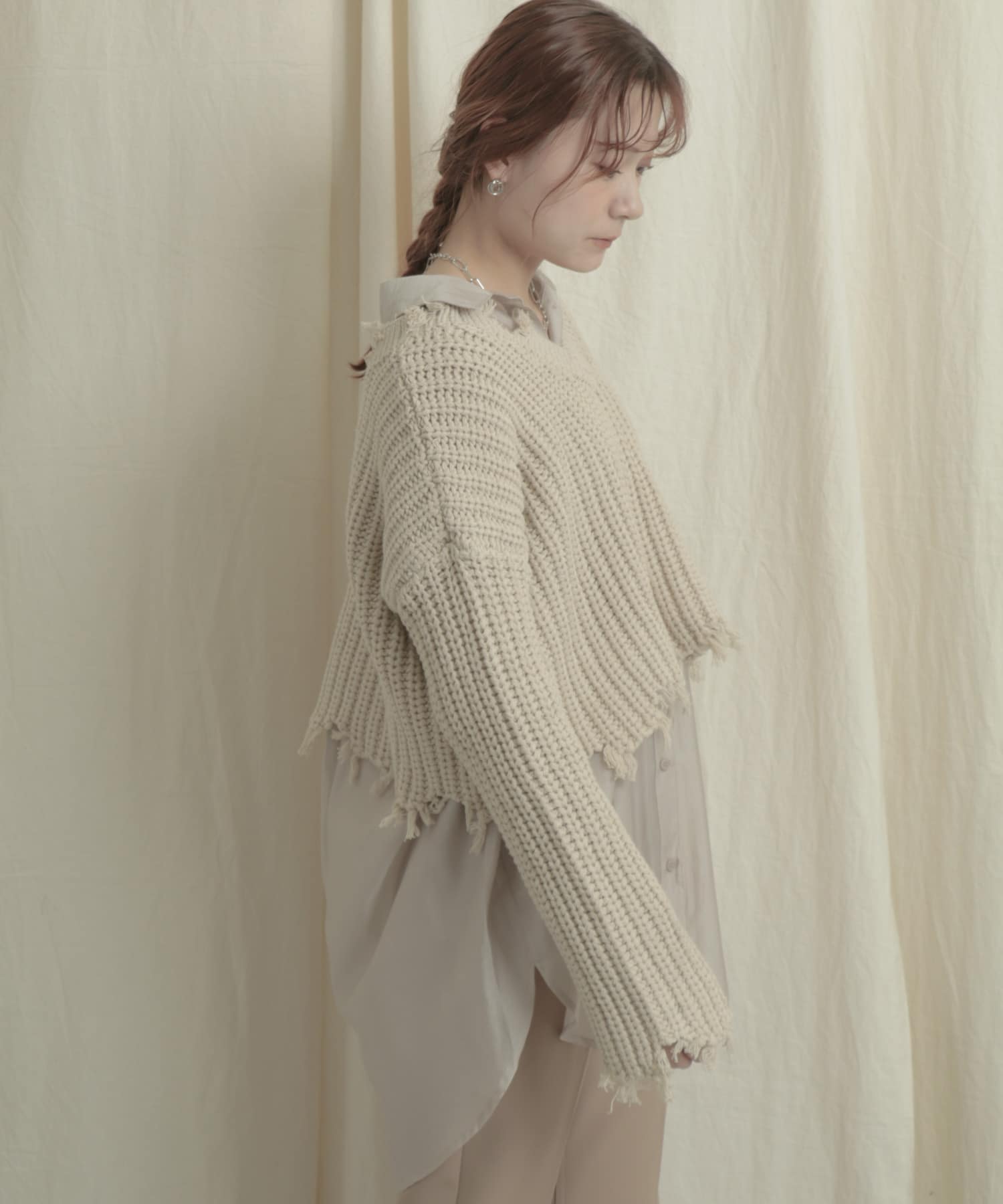 2WAYダメージショートセーター IVORY one