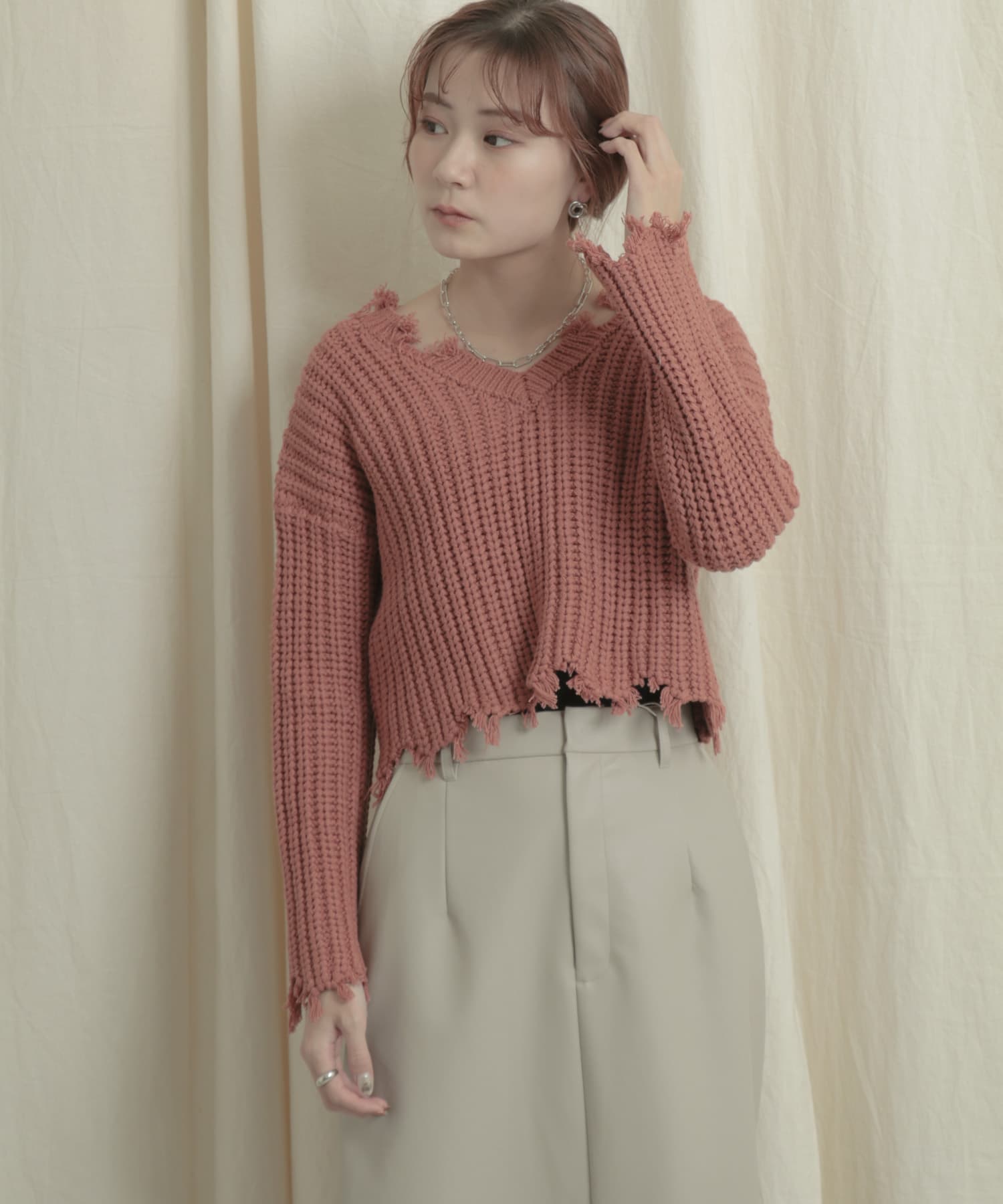 2WAYダメージショートセーター RED one