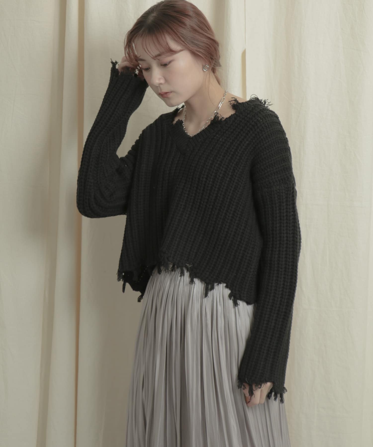 2WAYダメージショートセーター BLACK one