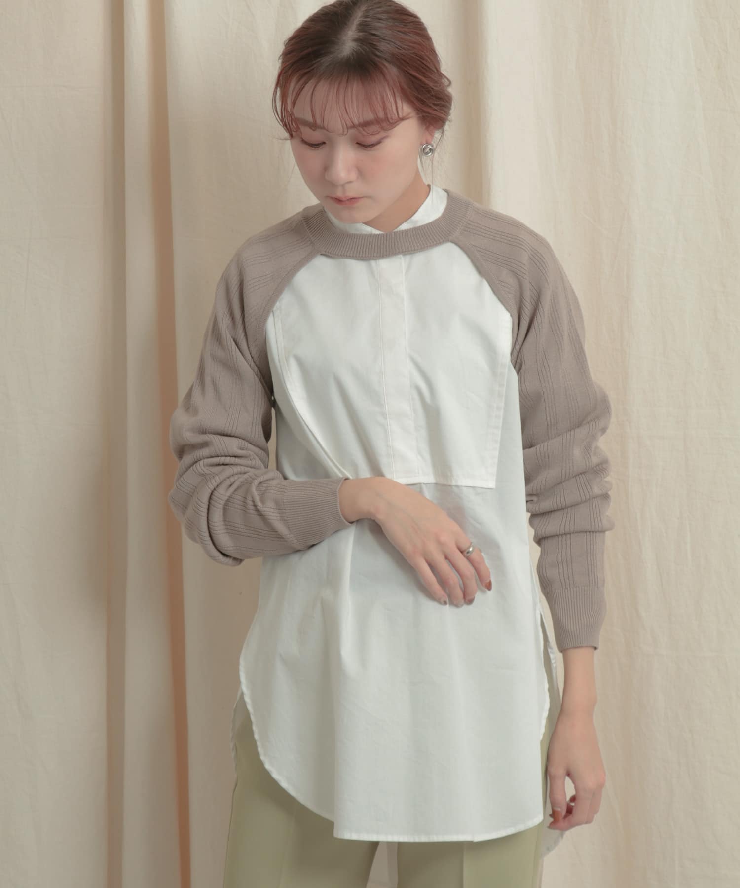 ショートボレロレイヤードニットトップ GREIGE one