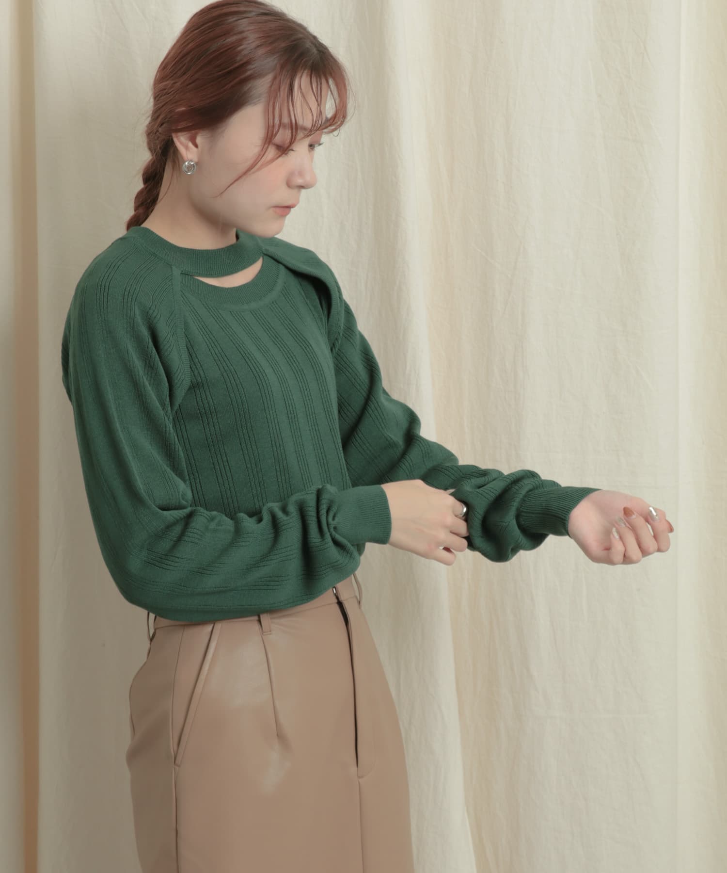 ショートボレロレイヤードニットトップ GREEN one