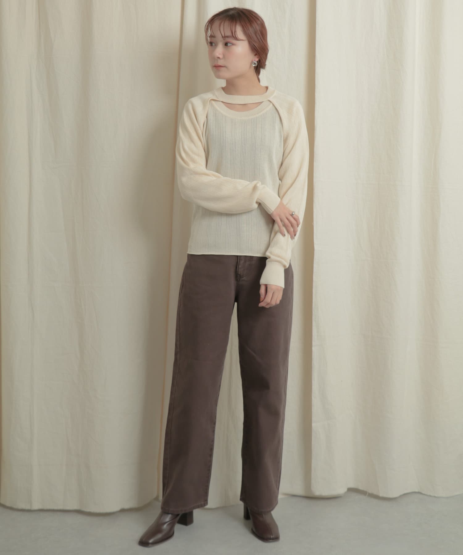 ショートボレロレイヤードニットトップ OFF WHITE one