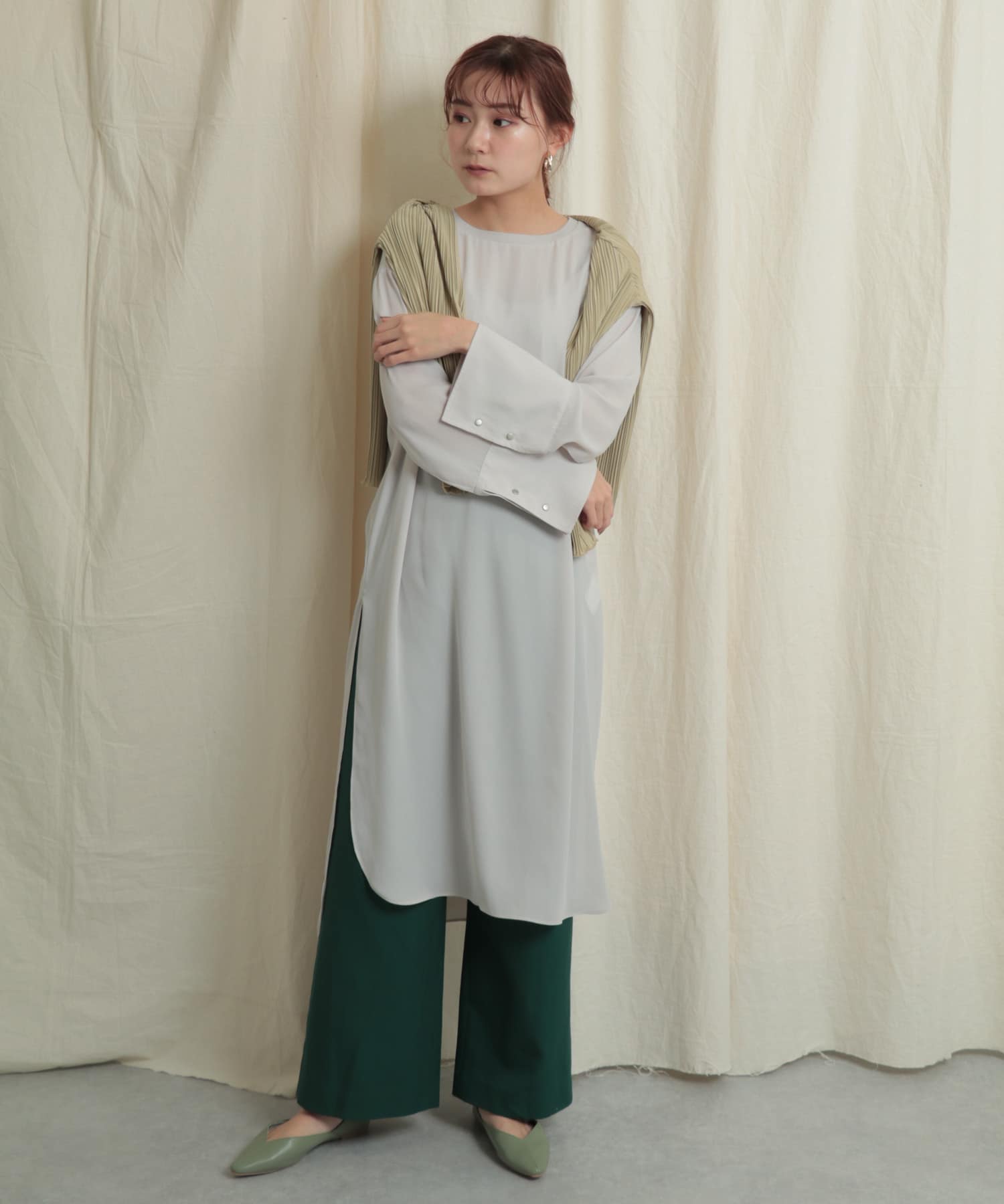 バックスリットワイドパンツ GREEN one