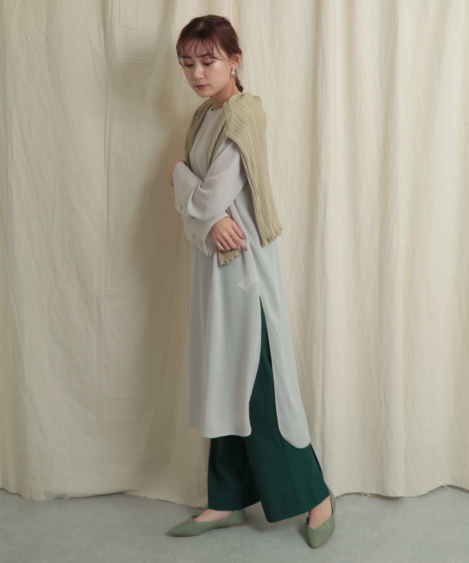 バックスリットワイドパンツ GREEN one