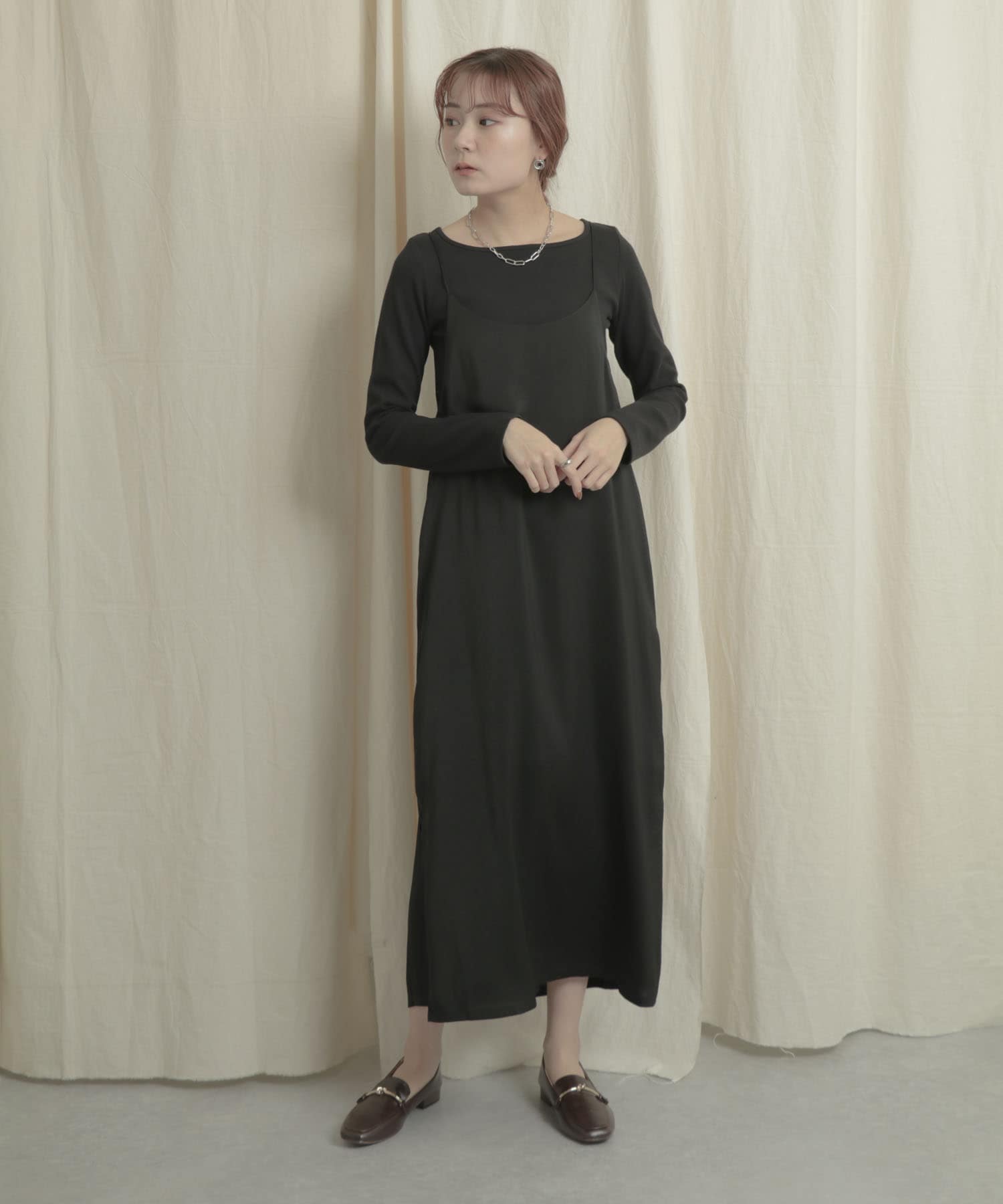 キャミソールワンピースリブトップアンサンブル BLK×BLK one
