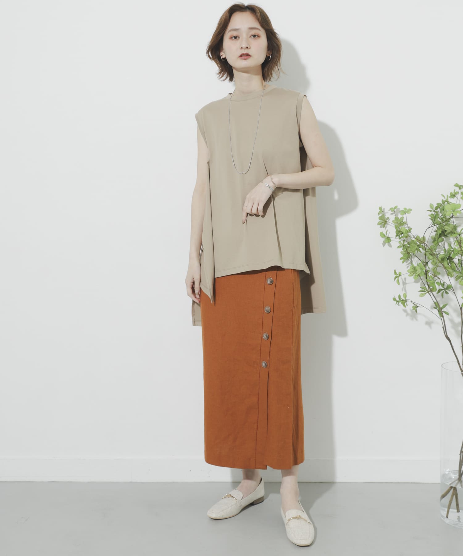 リネンヘリンボーンパイピングスカート ORANGE S