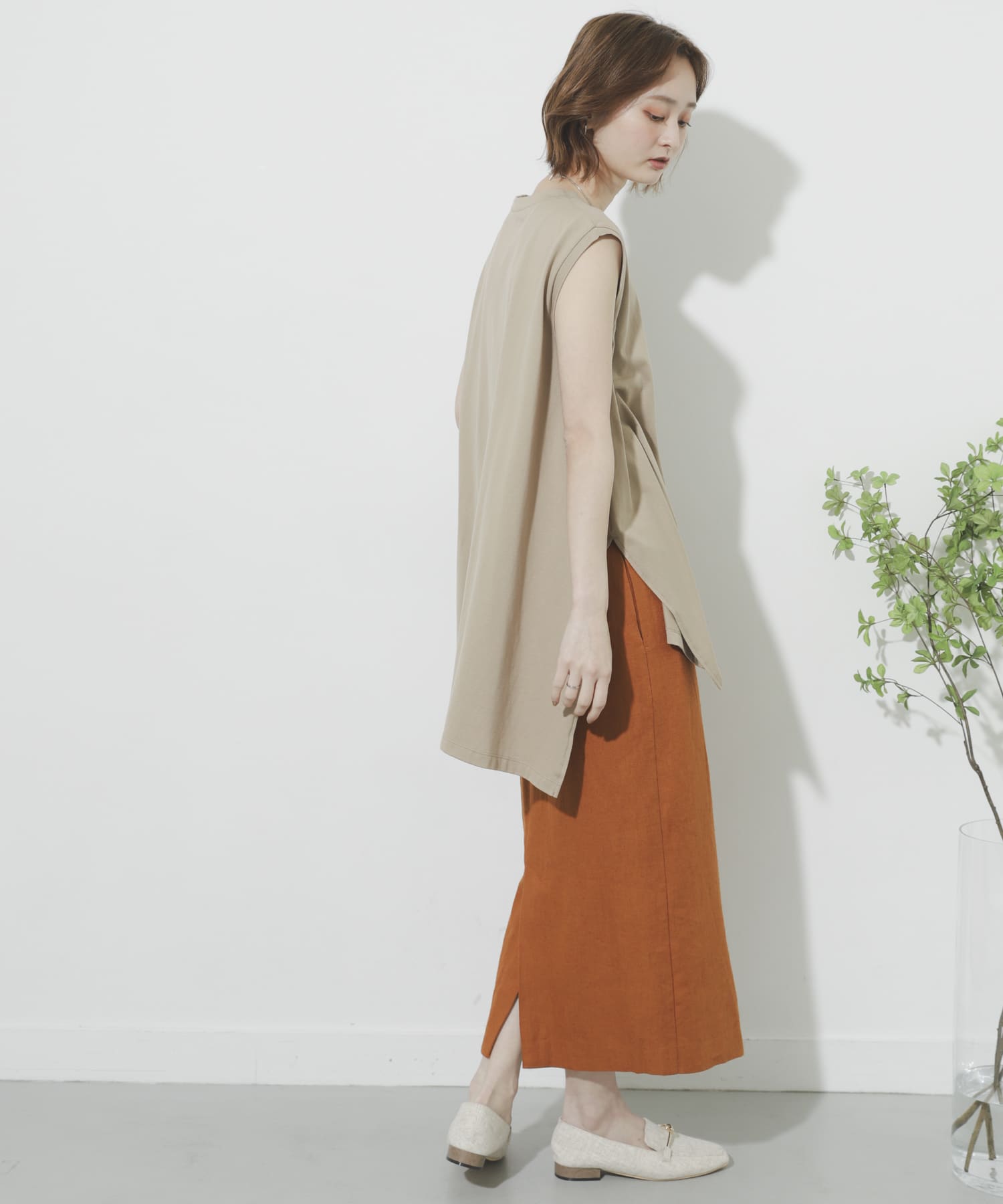 リネンヘリンボーンパイピングスカート ORANGE M