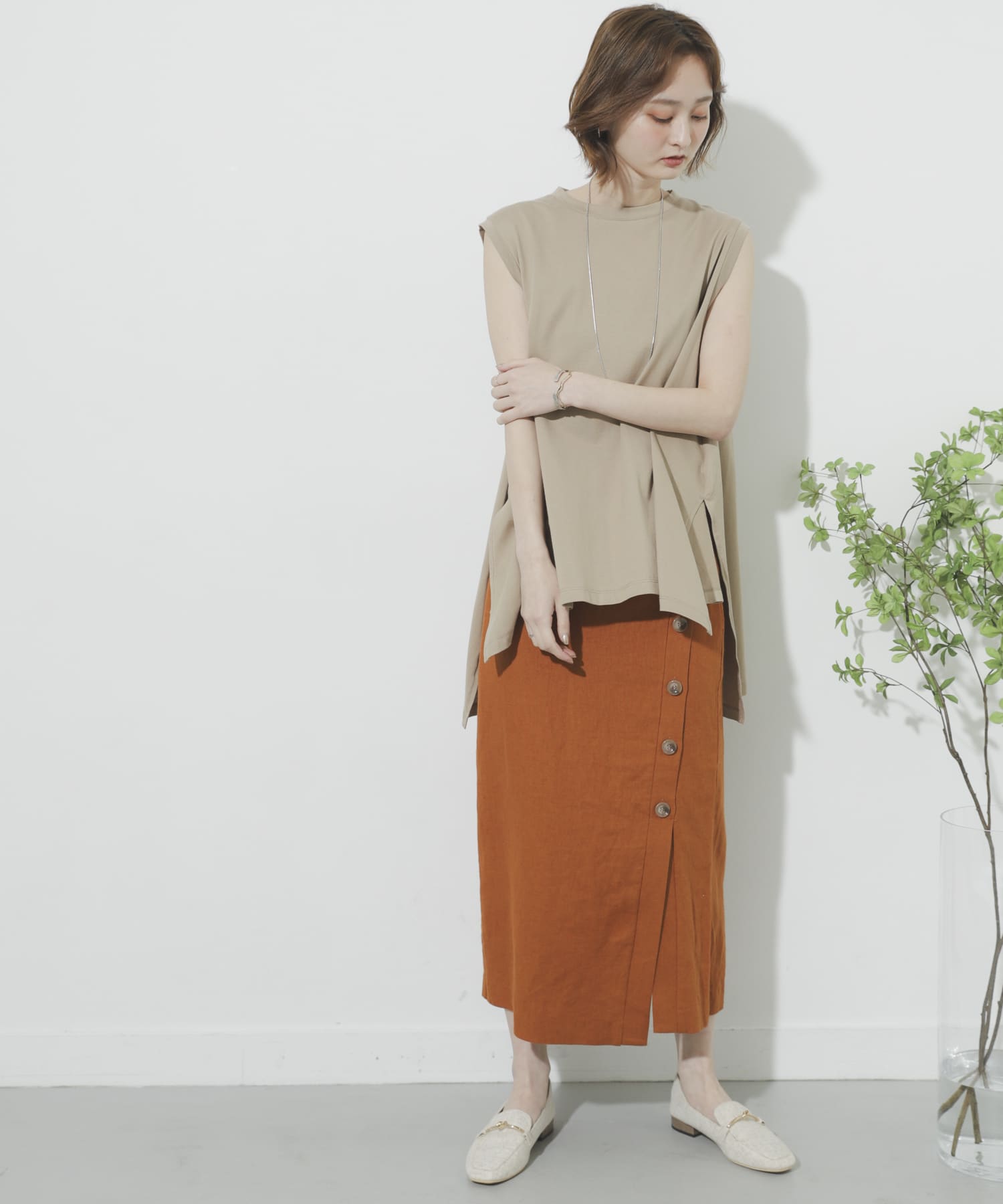 リネンヘリンボーンパイピングスカート ORANGE M