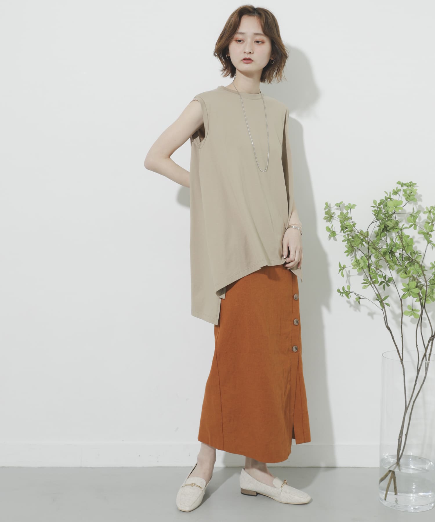 リネンヘリンボーンパイピングスカート ORANGE M