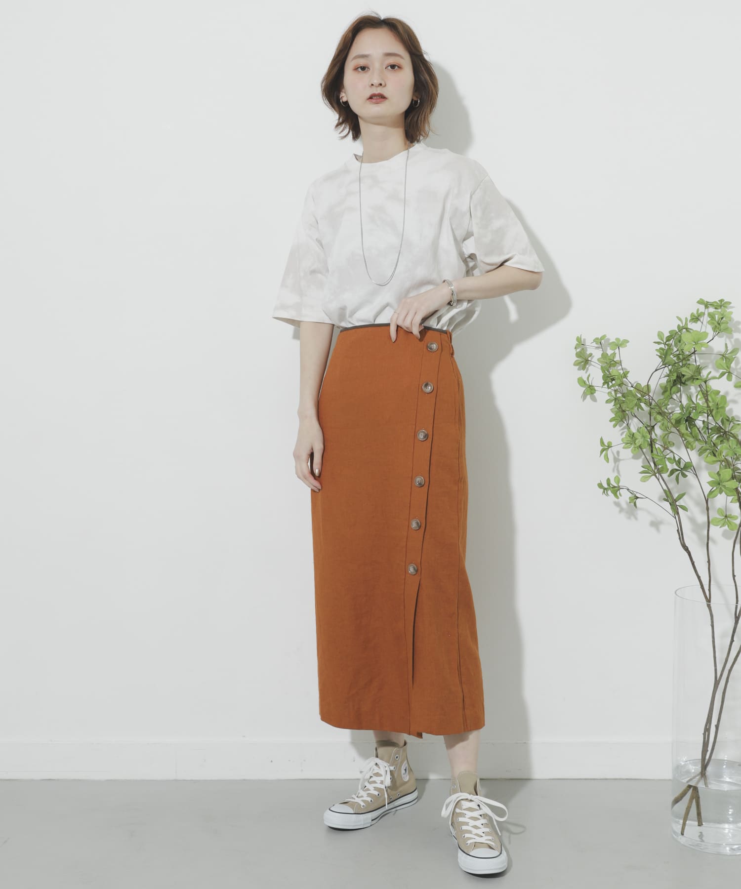 リネンヘリンボーンパイピングスカート ORANGE M