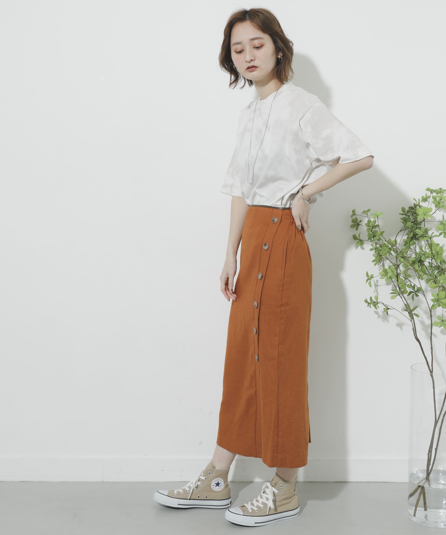 リネンヘリンボーンパイピングスカート ORANGE M
