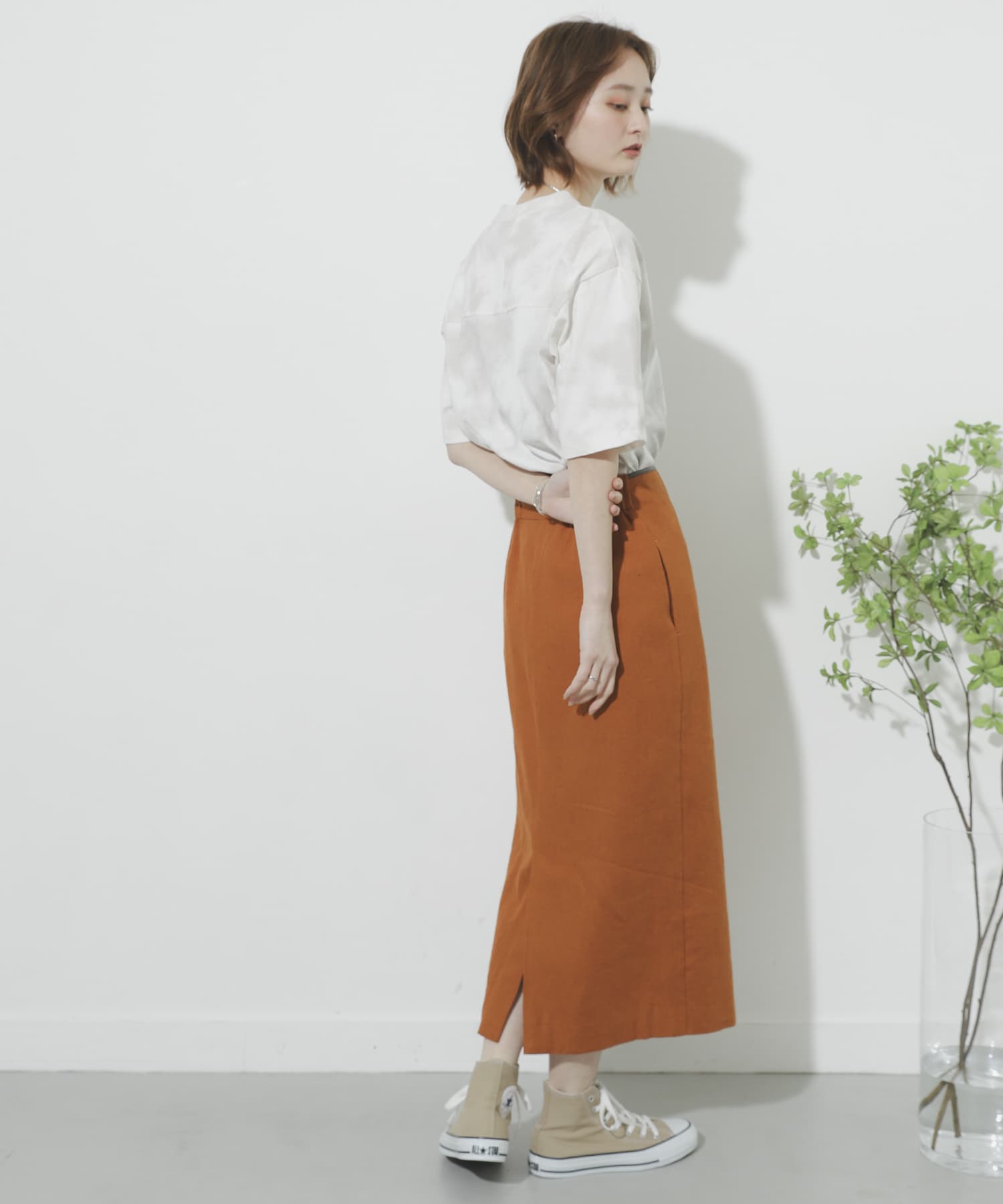 リネンヘリンボーンパイピングスカート ORANGE M
