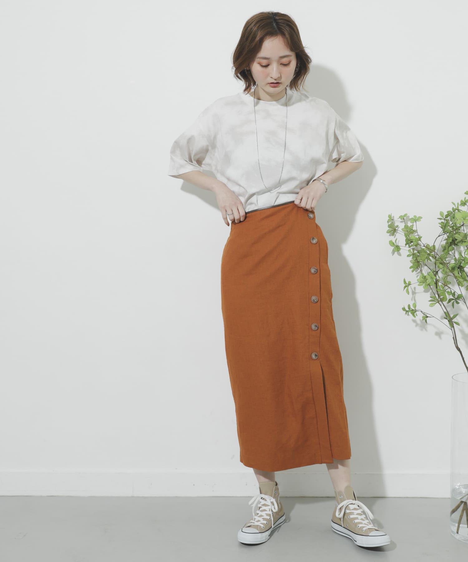 リネンヘリンボーンパイピングスカート ORANGE S