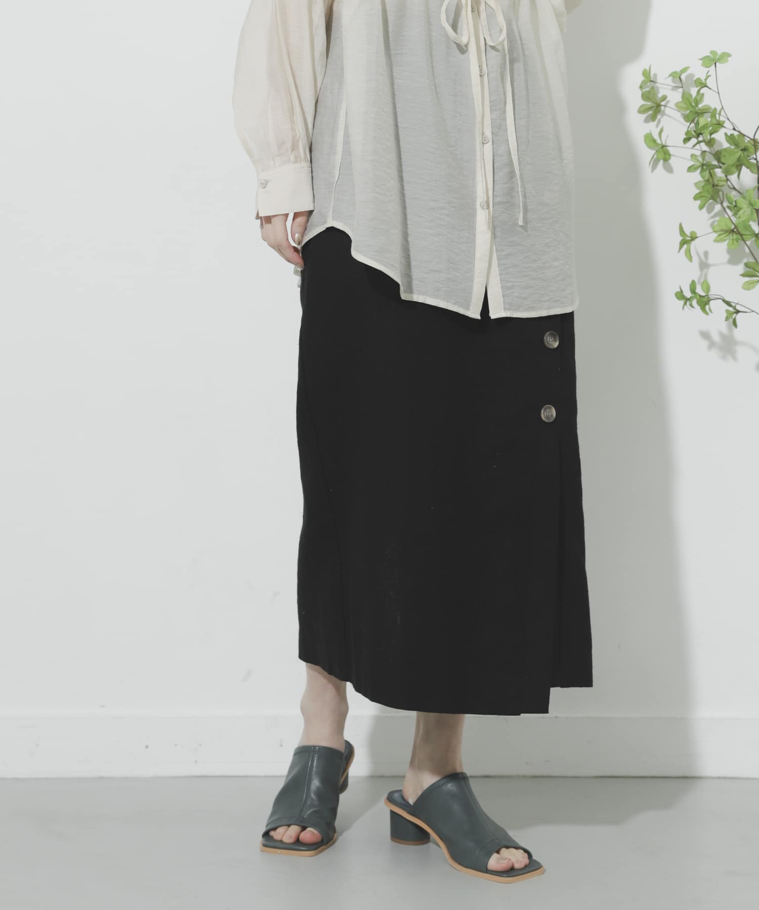 リネンヘリンボーンパイピングスカート BLACK S